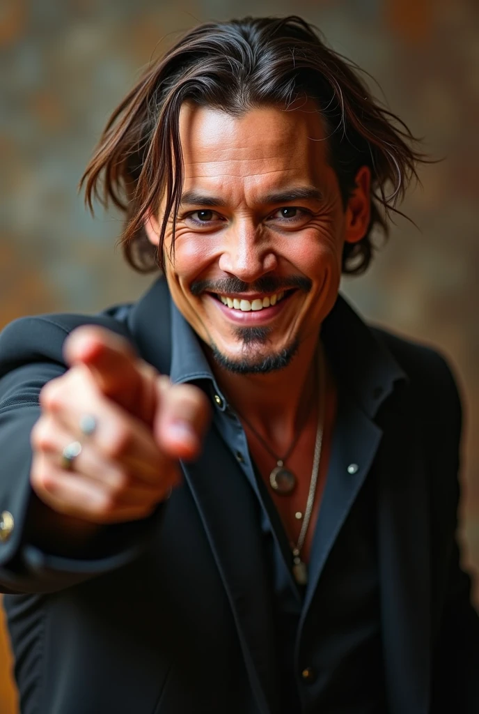 Jonny deep points with his finger smiling