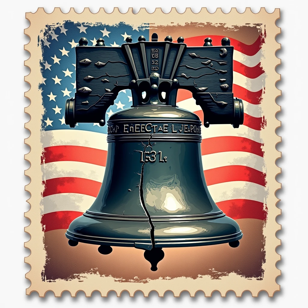 A postage stamp featuring the Liberty Bell as a national emblem.