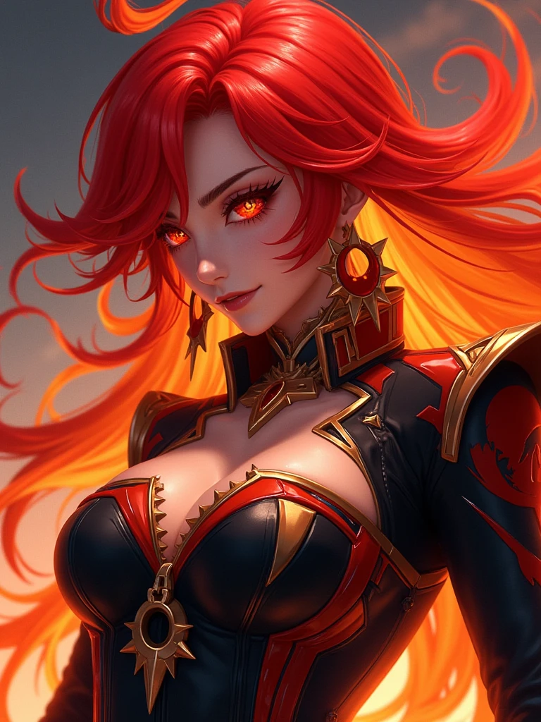 Mavuika (Genshin Impact), face close up, portrait shot, ((bright red hair at the ends)), adult girl, 25 years old, diamond face, blue sky on background, depth of field, magic, big red lips, ((red and yellow eyes)) black and red long and full dress, covered chest, mystical atmosphere, ominous shadows, Intense blue aura, Intense red aura (best quality:1.2), absurdres, intricate details, (highly detailed skin:1.2), smile expression, posing, taut and well defined body, attractive. Highly realistic, white skin, beautiful, hyperrealism, skin very elaborated, direct gaze, Aztec style, rectangular sunglasses,