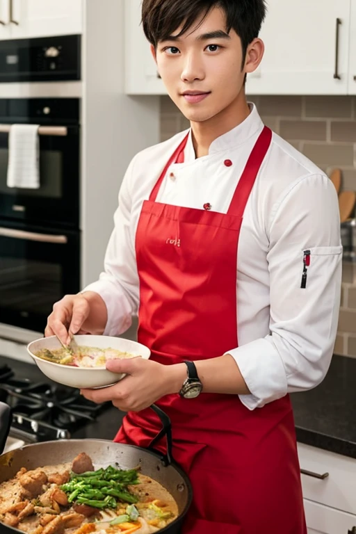 Young Asian wearing a handsome looking student dress taking off his cooking shirt