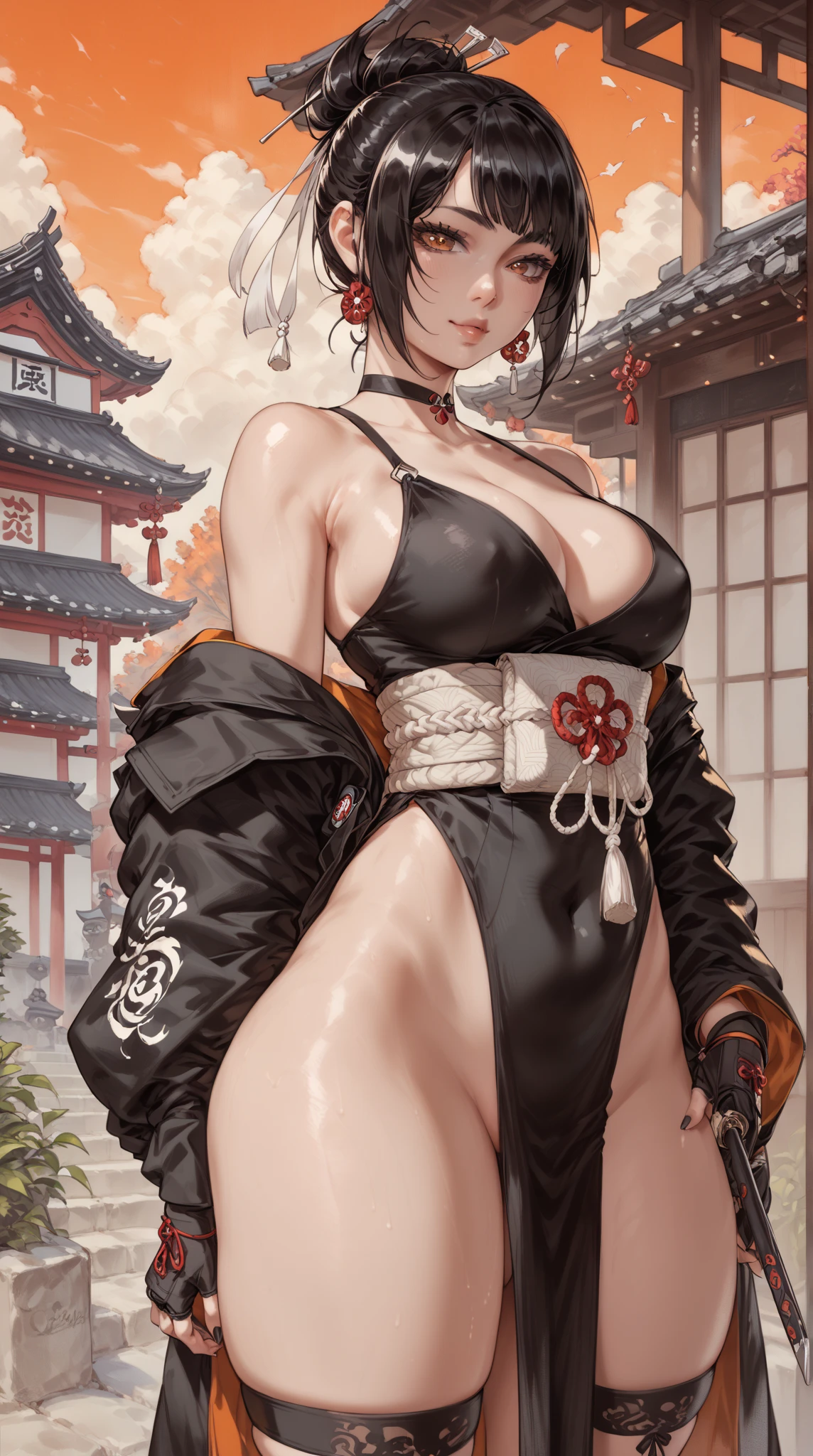 Wait for the sexy warrior, Pretty face, Delicious Company, A captivating sight, Wearing a sexy open kimono. The work is created in a medium reminiscent of Japanese ink painting.。....., Bold texture and monochromatic color palette. Artist'Stunning technique gives the image strength and power'Presence,Highest quality, Ultra-high resolution captures every detail. The texture and intricate patterns of the kimono are expressed with extreme precision.. Lighting is carefully designed,Enhance the drama, Deep shadows and subtle highlights. general, This piece exudes elegance and strength., A fusion of traditional Japanese aesthetics and modern sensibilities. , Putting the details together, Captivate viewers、Create an immersive experience.