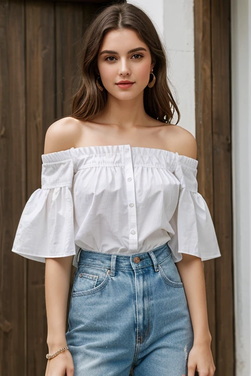 Foto hiperrealista en primer plano de Alicia Vikander, masterpiece, best quality, (photorealistic:1.4), full body,  (white off-the-shoulder short sleeves blouse:1.2), and (blue jeans maxi maxi skirt:1.1), (boots:1.2) garden cinematic light, beautiful woman, skinny, medium  breasts, hair in a bun, dark blond hair, detailed face, smile, facing the camera, photo taken from a distance, age of 20 years old,