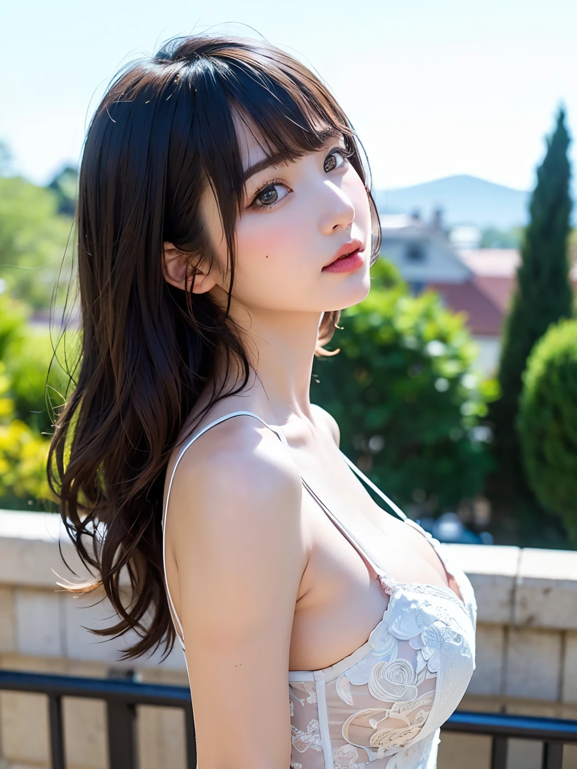 (logo、masterpiece、8K、table top、RAW photo、wonderful、最high quality、フォトリアリスティックでvery detailedな CG 統合 8k 壁紙、high quality、very detailed、narrative poem、particle effects、dynamic effects、Depth of the bounds written、cinematic light、Lens flare、ray tracing)、fantasy、 (1 beautiful woman、dress、dress、cherry blossom pattern、black haired、beautiful face、real face、beautiful details eyes beautiful skin)、髪がWindで踊る、Hair flutters in Wind、hair jump、pink cherry tree、petals dance、SakuraFubuki、wonderful景色、sunrise、sun on background、Wind、