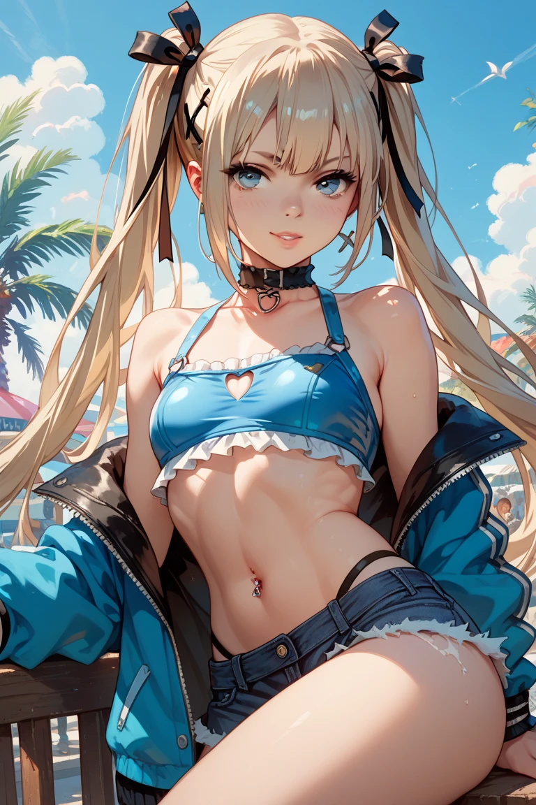 最high quality、best image quality、masterpiece、teenage girl((18-year-old、 By becoming、vest bust、medium bust,wide open breast tea、black eye, blonde hair、Habitual hair、long hair、thin,highest valley、blue shorts、attractive face、heart tattoo、black aloha shirt、sweating、like、lie、hair blowing in the wind)),high quality、beautiful art、background((Hawaii、Waikiki、Palm tree、beach、sunset))debris flies、Depth of written boundary、movie、visual art、perfect art、8K,genuine
