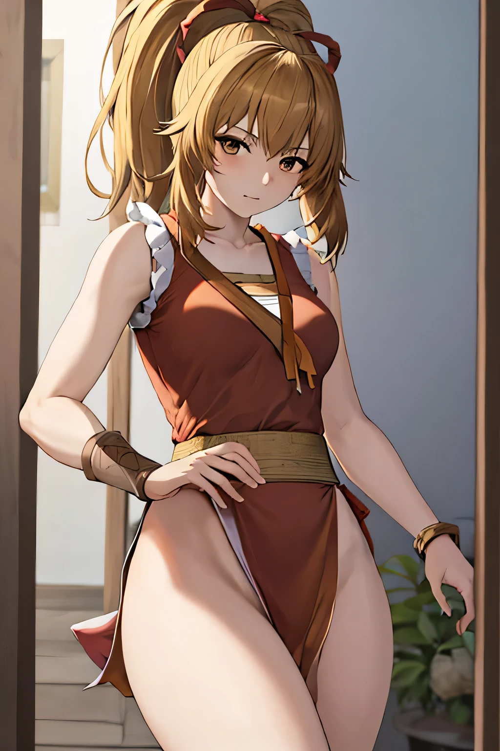 masterpiece, best quality, beautiful art, high resolution, well formed hands, body and fingers, 1 woman, solo, adult, medium breasted, japonesa, Maki Genryusai, long hair , blond_hair, brown eyes, hair ribbon, ponytail, gorgeous legs, fury