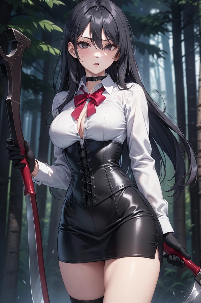 ((blood droplets)), ((blood)), ((blood splatter)), ((blood on clothes)), ((blood stain)), Masterpiece, Beautiful art, professional artist, 8k, art style by sciamano240, Very detailed face, Detailed clothing, detailed fabric, 1 girl, View from above, lying completely on the ground, perfectly drawn body, terrified expression, pale skin, beautiful face, long black hair, Blue eyes, very detailed eyes, pink cheeks, choker:1.6, (white collar button down long sleeve shirt), black gloves, gloves that cover hands, (holding an ax in his right hand), (black leather corset), (shiny black leggings), Sensual Lips , evening de invierno, show details in the eyes, looking at the viewer, Dark road, Snowy forest, evening, Atmosphere, snow