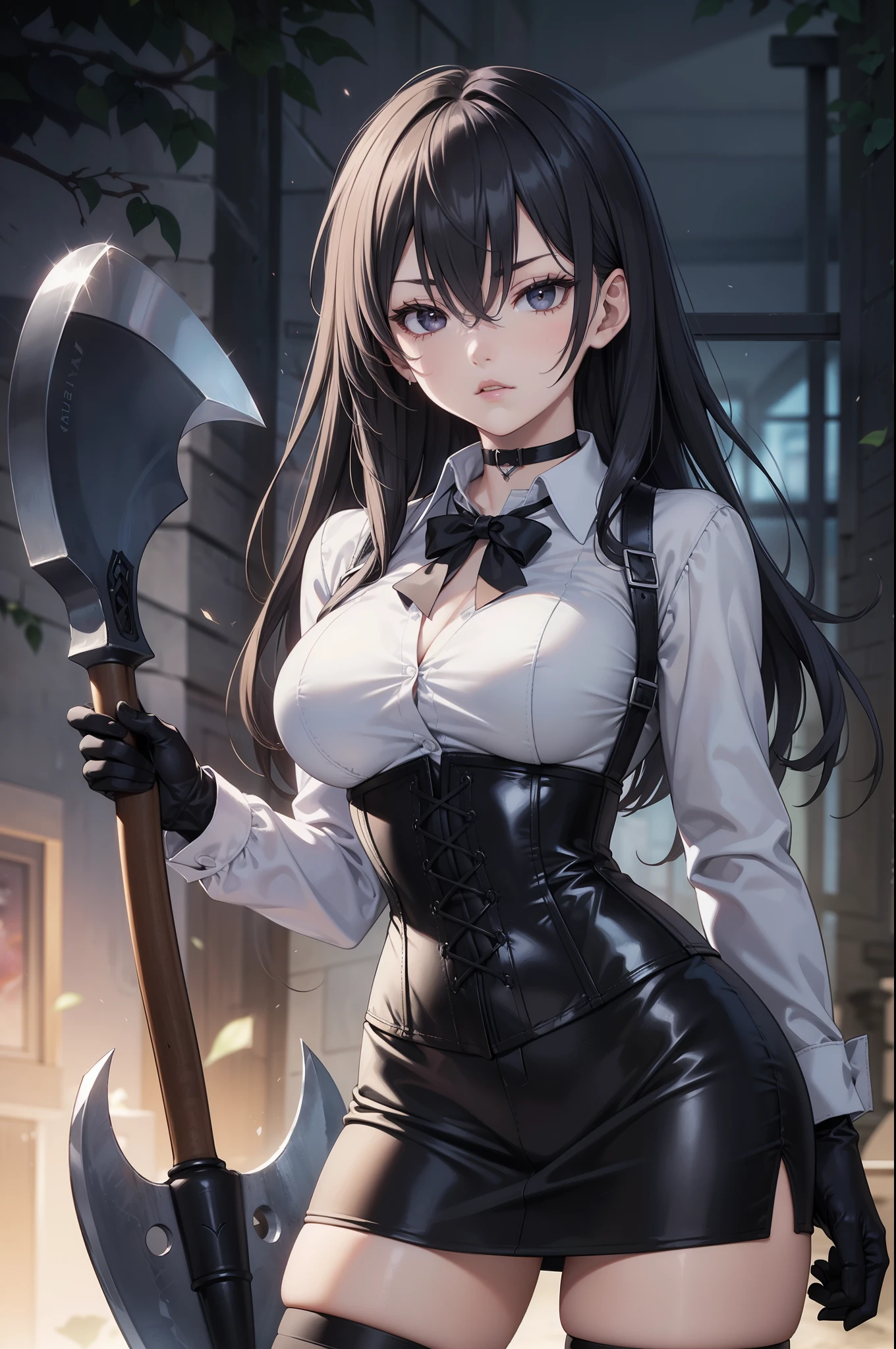 masterpiece, beautiful art, professional artist, 8K, sciamano240, very detailed face, detailed clothing, Detailed fabric, ung girl, perfectly drawn body , Fighting pose, beautiful face, (long hair), black eyes, very detailed eyes, rosy cheeks, serious expression, detailed lips, choker:1.6, (long sleeve buttoned white collar shirt), black gloves, gloves that cover my hands , (holding an axe in his right hand), (black leather corset), (black miniskirt), sensual lips , late de invierno, show details in the eyes , seen from the front, looking at the spectator, Dark path, dark forest, late, atmosphere , fog