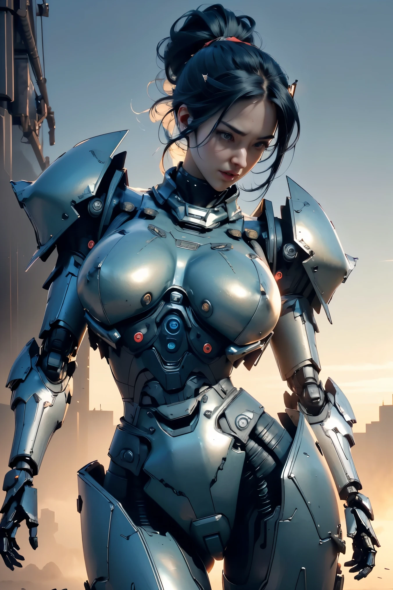 Cute young biomechanical steampunk cyborg woman realistic movie shallow focus scene, More about her full-body steampunk、Stands in fluid movement in a simple barren place with stunning cloud landscapes and sunsets、Hydraulic cylinder、meter、pipes、LED lamps、gear wheel、
The cleavage is visible、
(wearing futuristic clothing (tangerine:0.3) Her intricate and detailed anatomically sculpted biomechanical graphite steampunk body, (Biomechanical Graphite Steampunk Cyborg Grady、Intricately detailed anatomically sculpted with goth details).Futuristic headset、
(Anatomically sculpted biomechanical graphite steampunk cyborg、More on the elegant and glamorous goth loliles, Wires and microchips are、Skillfully on her female cyborg body)
Slender hot fit body with a gorgeous young round face, expressive big round eyes,
Captured with bright natural light and beautiful vibrant colors. Stunning steampunk-style 8K resolution images.
The scene has a strong heroic unconquerable mood, a masterful complete scene of the female full body standing with a happy expression.