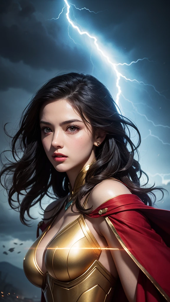 Ultra-realistic bust-up portrait, 20s Mesopotamian goddess of war and love, divine warrior queen, golden armor glowing with celestial light, piercing golden eyes radiating power, long wavy black hair flowing in storm winds, violent lightning bolts erupting from her shoulders and background, electric arcs dancing across skin, glowing sigils on arms, stormy skies with divine thunder, red cape crackling with energy, radiant and terrifying beauty, floating slightly above ground, divine wrath aura, hyper-detailed cinematic lighting, epic godlike presence
