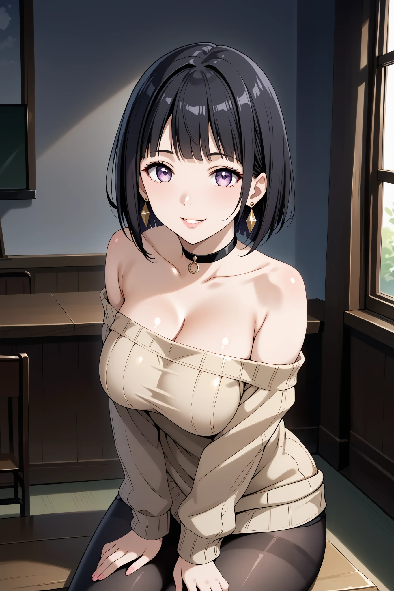 score_9, score_8_up, score_7_up, source_anime, 4K,perfect fingers,(perfect hands, perfect anatomy),prefect lighting, very aesthetic, intricate details,highly detailed background, masterpiece, high quality, best quality,
1girl, hinata_boru, bangs, short hair, black hair, huge breast,dense chest,
wearing ((pantyhose, choker, earrings, jewelry, sweater, collarbone, black_choker, off_shoulder, dress, bare_shoulders, black_pantyhose, )) ,,
gyaru, looking_at_viewer, smile, parted_lips, gradient, sleeves_past_wrists,