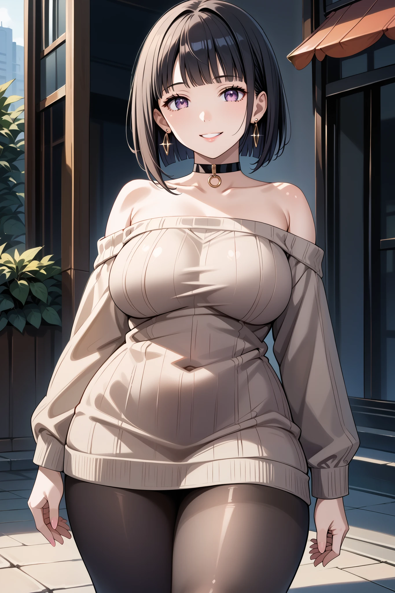 score_9, score_8_up, score_7_up, source_anime, 4K,perfect fingers,(perfect hands, perfect anatomy),prefect lighting, very aesthetic, intricate details,highly detailed background, masterpiece, high quality, best quality,
1girl, hinata_boru, bangs, short hair, black hair, huge breast,dense chest,
wearing ((pantyhose, choker, earrings, jewelry, sweater, collarbone, black_choker, off_shoulder, dress, bare_shoulders, black_pantyhose, )) ,,
gyaru, looking_at_viewer, smile, parted_lips, gradient, sleeves_past_wrists,