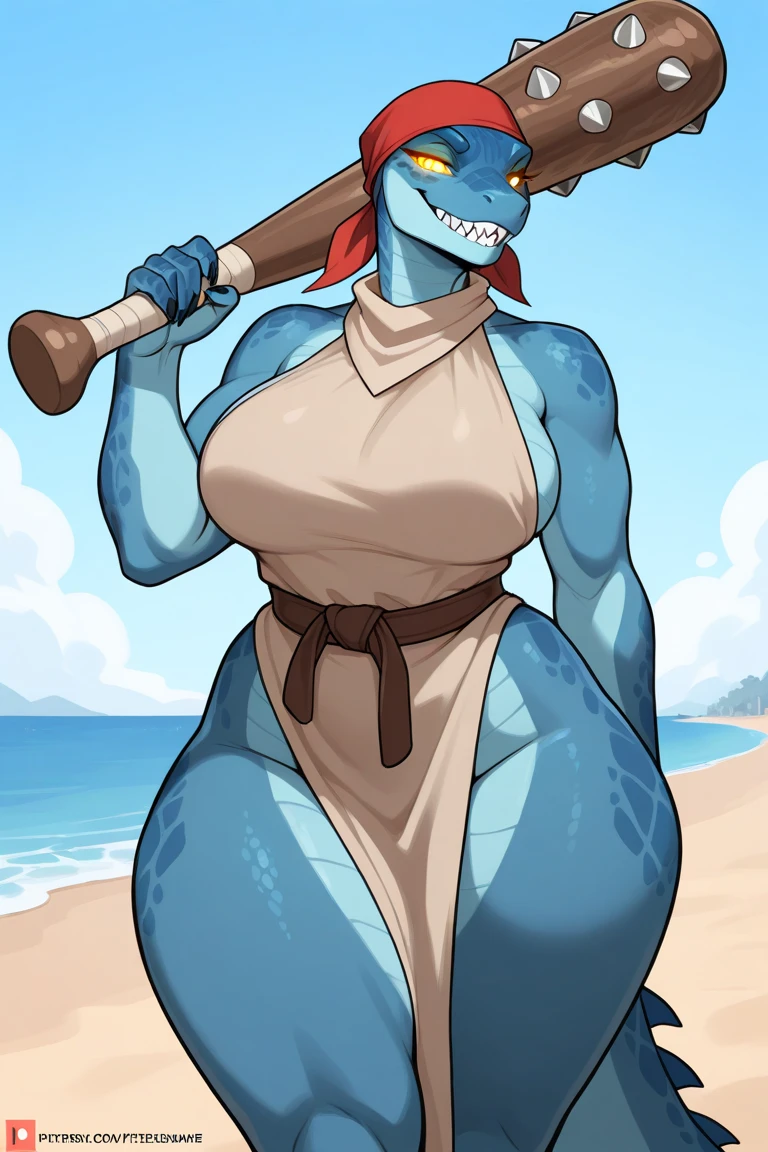 uploaded on e621, solo, 1girl, undyne, blue skin, smooth skin, black eyepatch, huge front teeth, yellow teeth, laughing, muscular, athletic figure, buff, amazon, (thick arms, thick thighs, chunky, muscular legs), (large breasts), (highly detailed eyes), eyeshadow, (nipple outline:1.2), large areolae, absurd res, highly detailed, cinematic lighting, perfect face, perfect eyes, perfect hands, masterpiece, best quality, 4k, shaded, (high detail:1.3), (unreal engine:1.1), looking at viewer, amazon, (black bikini:1.5), (huge bulge), bulgeJ8, stocky, broad, four toes, cute smile, natural hot springs, onsen, relaxing, full body, sitting by water, sake bottles, by darkgem, by meesh, by BNG,