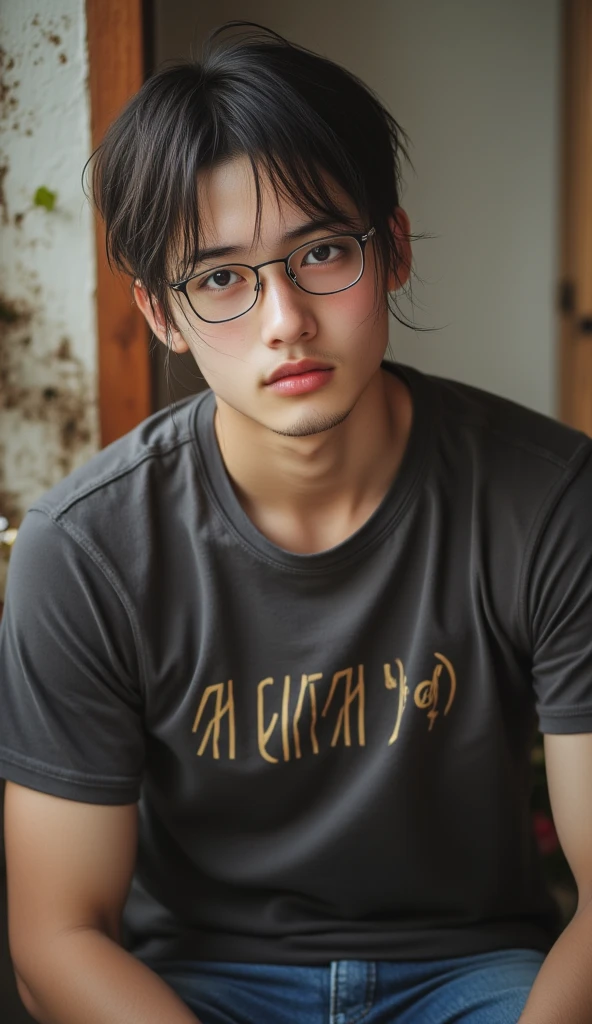 (masterpiece posture, Best Quality:1.2, High quality 16K, Portrait photo , 3D photo), of a crumbling 20-year-old Asian man with a Yakuza tattoo., wearing glasses, long hair, Hair flowing ,) staring intently ,) face focus clearly,) Strong abdominal muscles, morning sunrise atmosphere, rain, rainหนักมาก, glazed tile skin , wet oily skin , Portland skin shimmering , in the countryside outdoors, with bright red flowers around ,The dilapidated old thatched hut, . graphic prints, he wore a colorful shirt, With, "Baby man 90 ," Unbutton all the shirts to see the zigzag, , cool show gestures, 8K images, shot with an expensive Fuji and Canon camera., Fuji film. 45,000,000,000 pixels.. Using the highest quality, Wide aperture, realistic light, color light at the majestic palace,