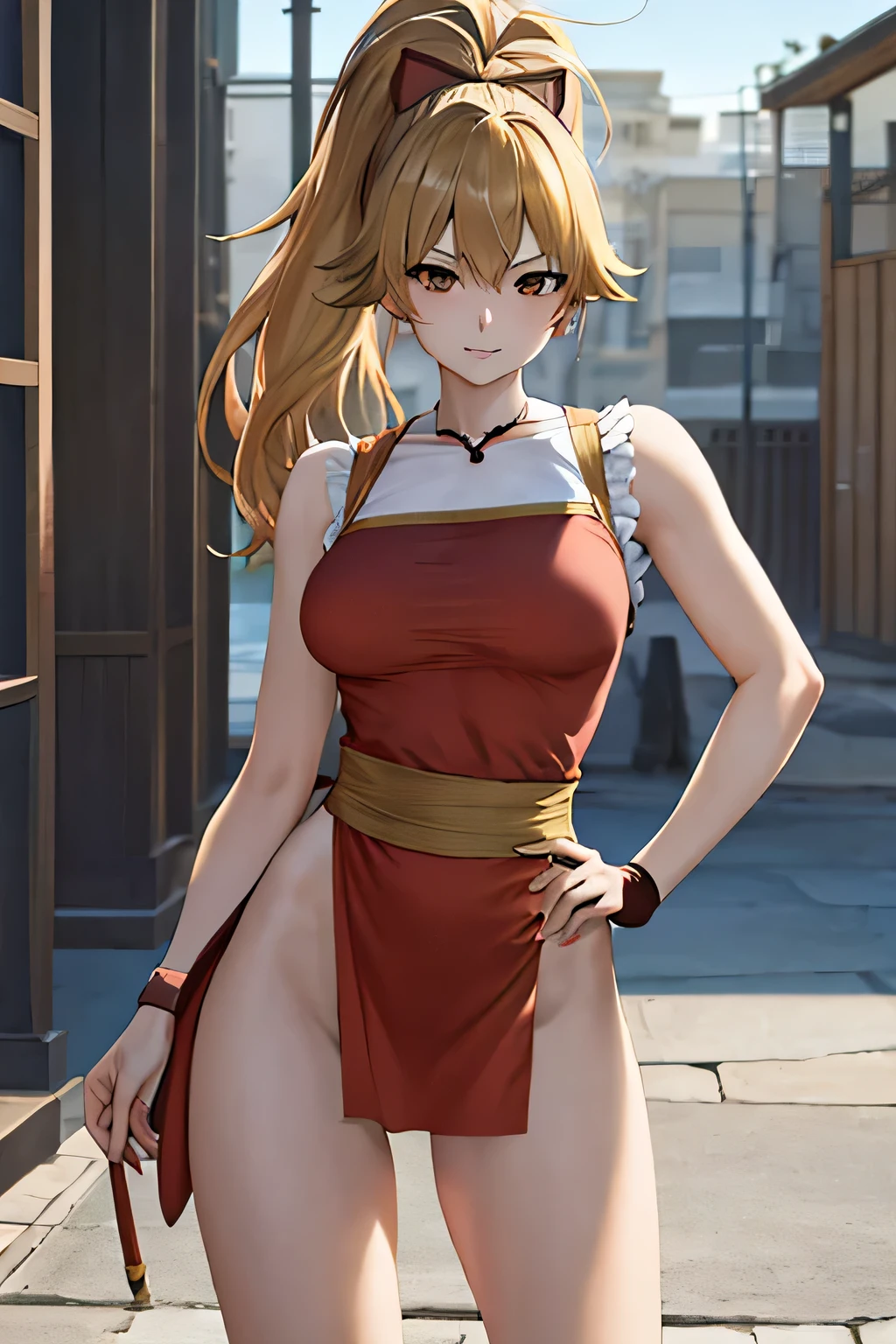 masterpiece, best quality, beautiful art, high resolution, well formed hands, body and fingers, 1 woman, solo, adult, medium breasted, japonesa, Maki Genryusai, long hair , blond_hair, brown eyes, hair ribbon, ponytail, gorgeous legs, fury