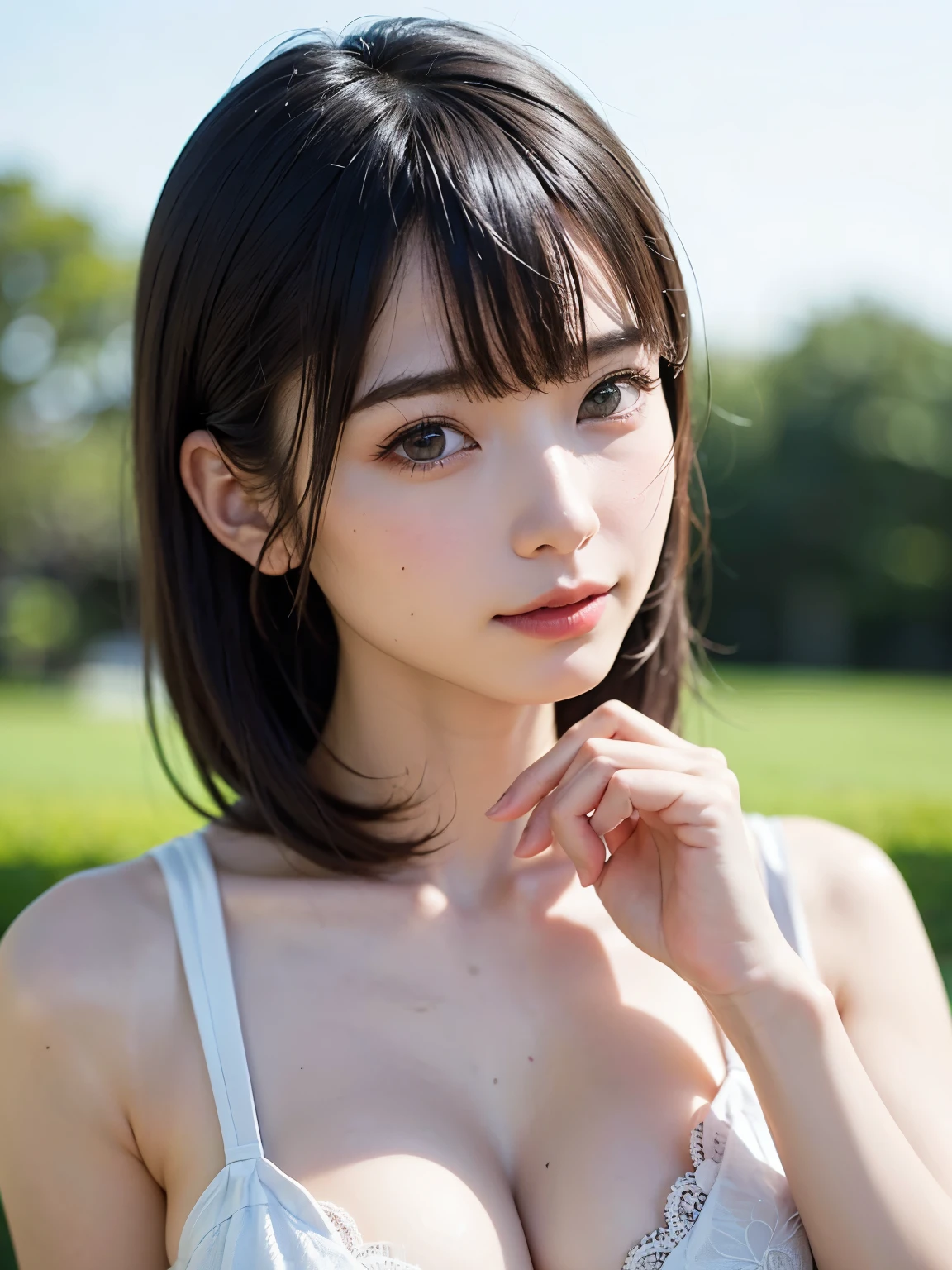 1 girl、highest quality、Realistic、alone、Written boundary depth、Natural soft light、Daytime、charm、Beautiful Face、Cleanliness、Pure Face、White skin、cute、short hair、bright hazel eyes:1.9、Beautiful Lips、bangs:1.6、Beach、Light of the sun、Nedium Breast Body Esbian、((黄金比のBeautiful Face、 対称性のあるBeautiful Face))、Long neck、show me your ears、Stick out your ears。bangsのあるきれいな短いボブヘア、smile with your mouth closed、Perfect hands指、Perfect hands、Perfect body、Perfect Face、Shine a light into your eyes、Perfect Anatomy:1.6、とてもcuteスーパーモデル:1.6、{Huge|big|Hugeな|Mega} chest, chestの谷間、smile:1.6、Very beautiful teeth:1.6