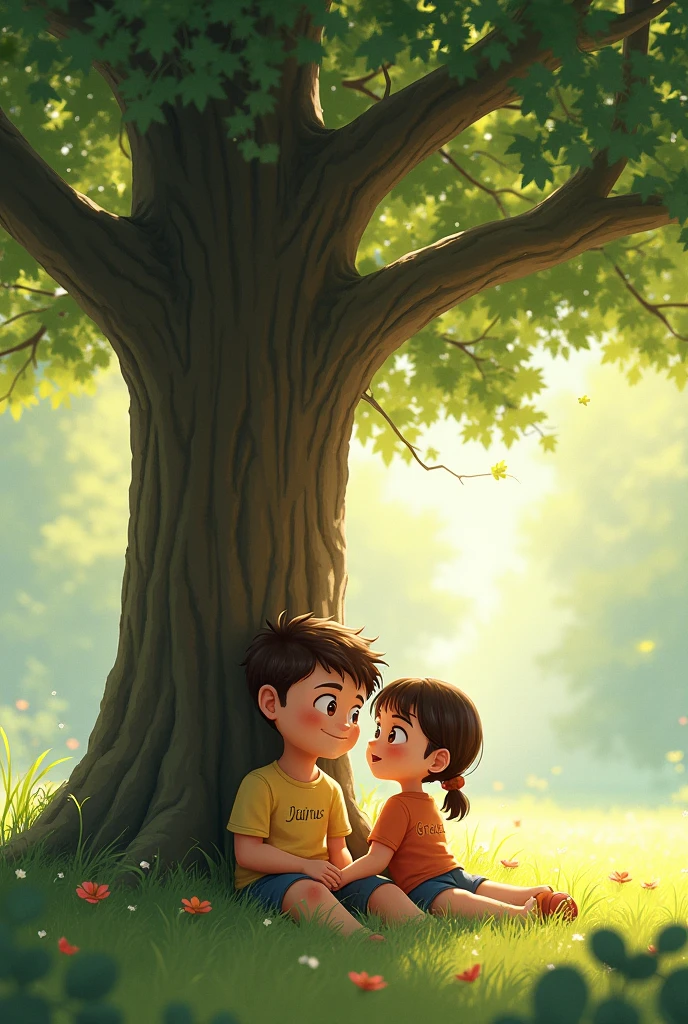 A boy and a girl sitting under a big three .the boy hug the girl because she is crying