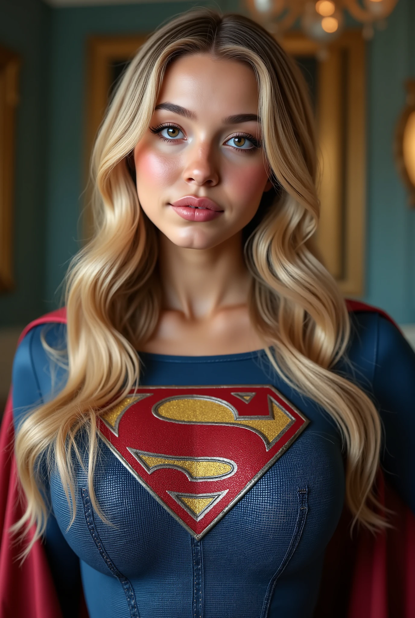 a beautiful BRITTISH girl with long blonde hair, detailed pearl blue eyes, nose, and lips,WEARING A 1980 SUPERGIRL COSTUME, CAPE AND BOOTS (best quality,4k,8k,highres,masterpiece:1.2),ultra-detailed,(realistic,photorealistic,photo-realistic:1.37),HDR,studio lighting,extremely detailed face and body, portrait,cinematic lighting,dramatic lighting,warm color tones,dramatic colors. PERFECT SKIN, PERFECT BLUE EYES, MILLIONS OF DETAILS, 8K