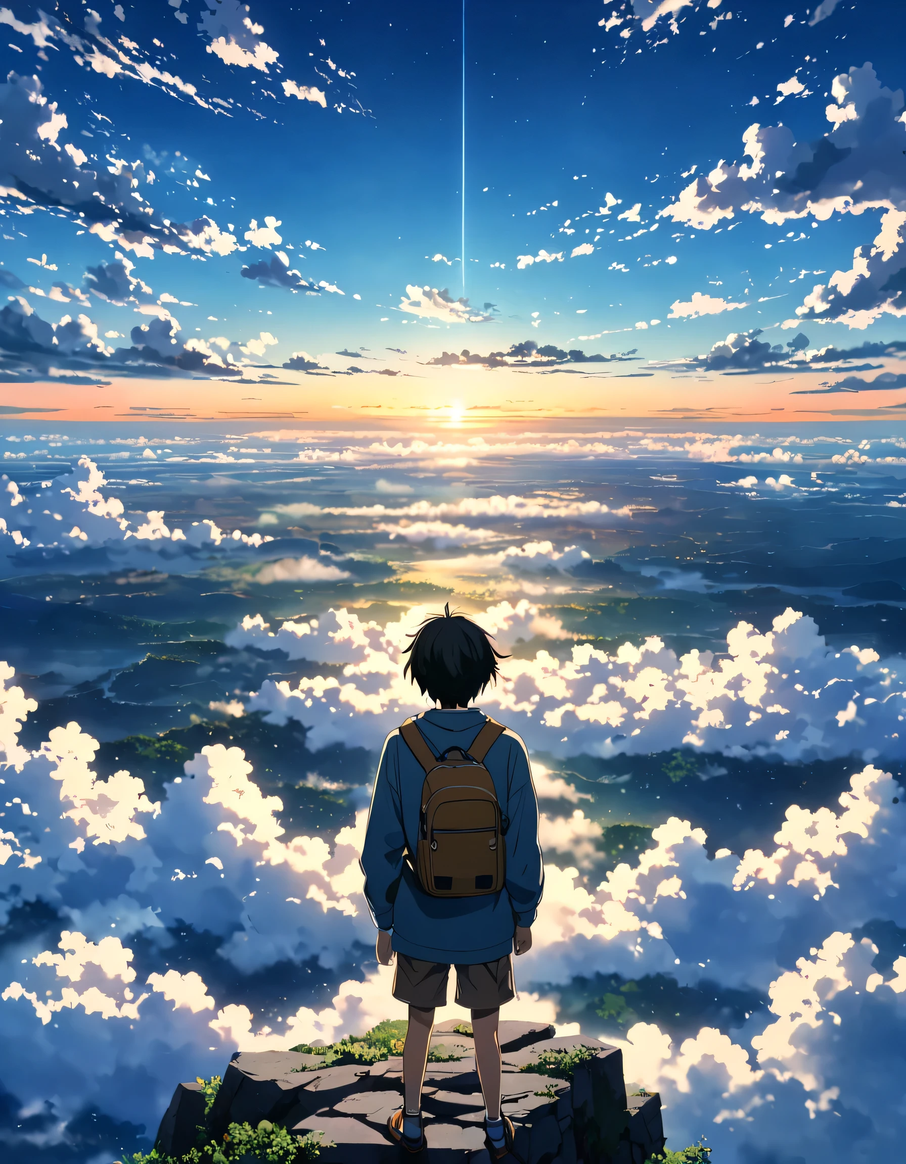 There is a sea of clouds realist !!!!!。,cloudy, Textured clouds anime style a painting of a boy on the edge of an abyss!!! watching a vast sky , anime landscape, inspired by the brothers anime beautiful scene of peace , anime-realistic anime-realistic !!!!!!!!! nostalgic animated art background , Makoto Shinkai!!, anime movie background the best of seaart hd 8k