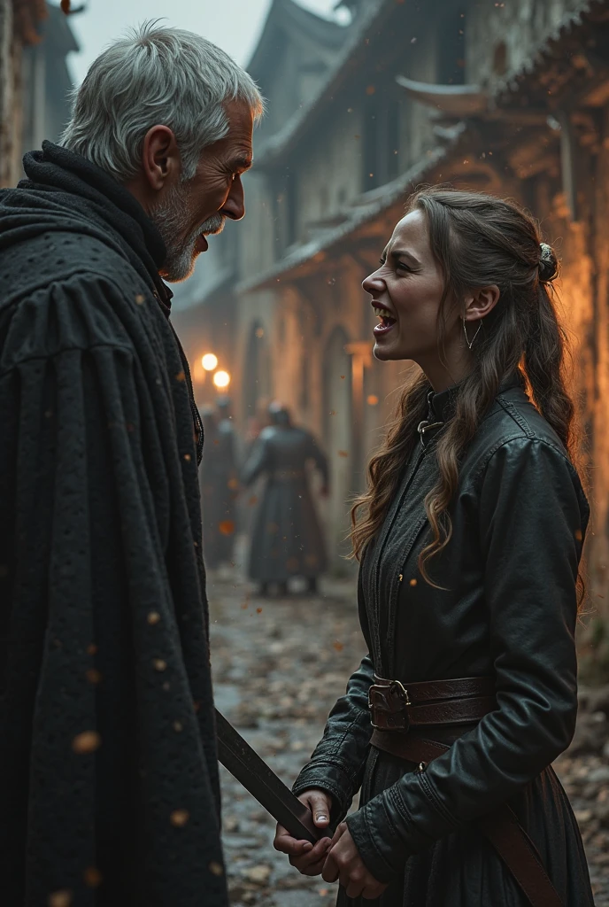 Visualize an evocative portrayal of Kratos and Scarlet Witch, embodying the spirit of a couple deeply connected in a quaint New Year's Eve setting. Picture Scarlet Witch, with her blonde hair, standing gracefully beside Kratos, whose dark hair accentuates his stoic presence. In the background, a serene scene unfolds with delicate, lightly falling snow imbued with a hint of magic, casting a shimmering aura around the couple. As the night progresses, bursts of fireworks illuminate the sky, adding a touch of enchantment to their tender moment.