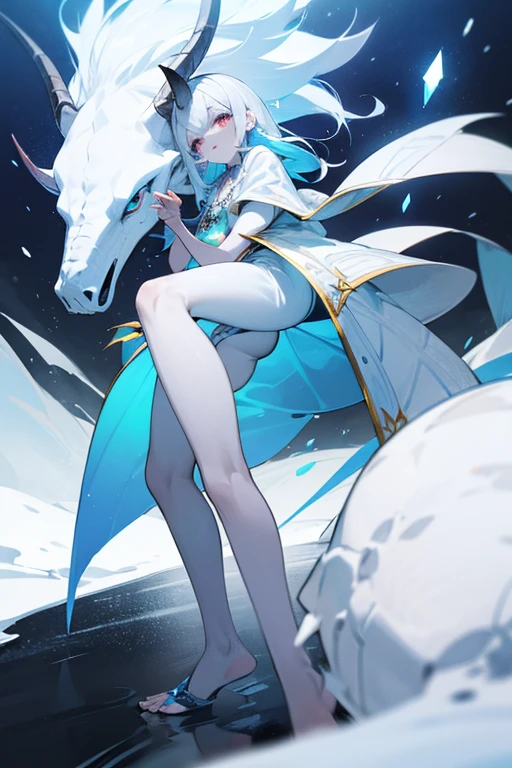 frost witch with white wizard hat and white dragon is resting near her