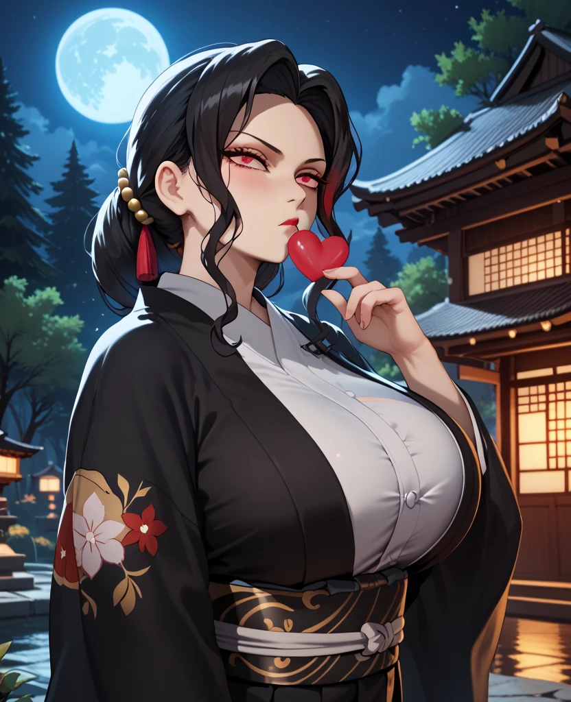 Full body, solo, MaiShiranui,see-through. (Japanese bathrobe:1.5), bangs, black hair, blunt bangs, ( gigantic breasts:1.4), lips, long hair, moles under the mouth, purple eyes, slightly dilated lips, smile, wet skin, Wet hair, shame,Standing amidst the falling cherry blossoms,(rose_tattoos:1.5), (masterpiece: 1.4), (best quality: 1.4), real-life portrait photography, looking at the viewer,Center,