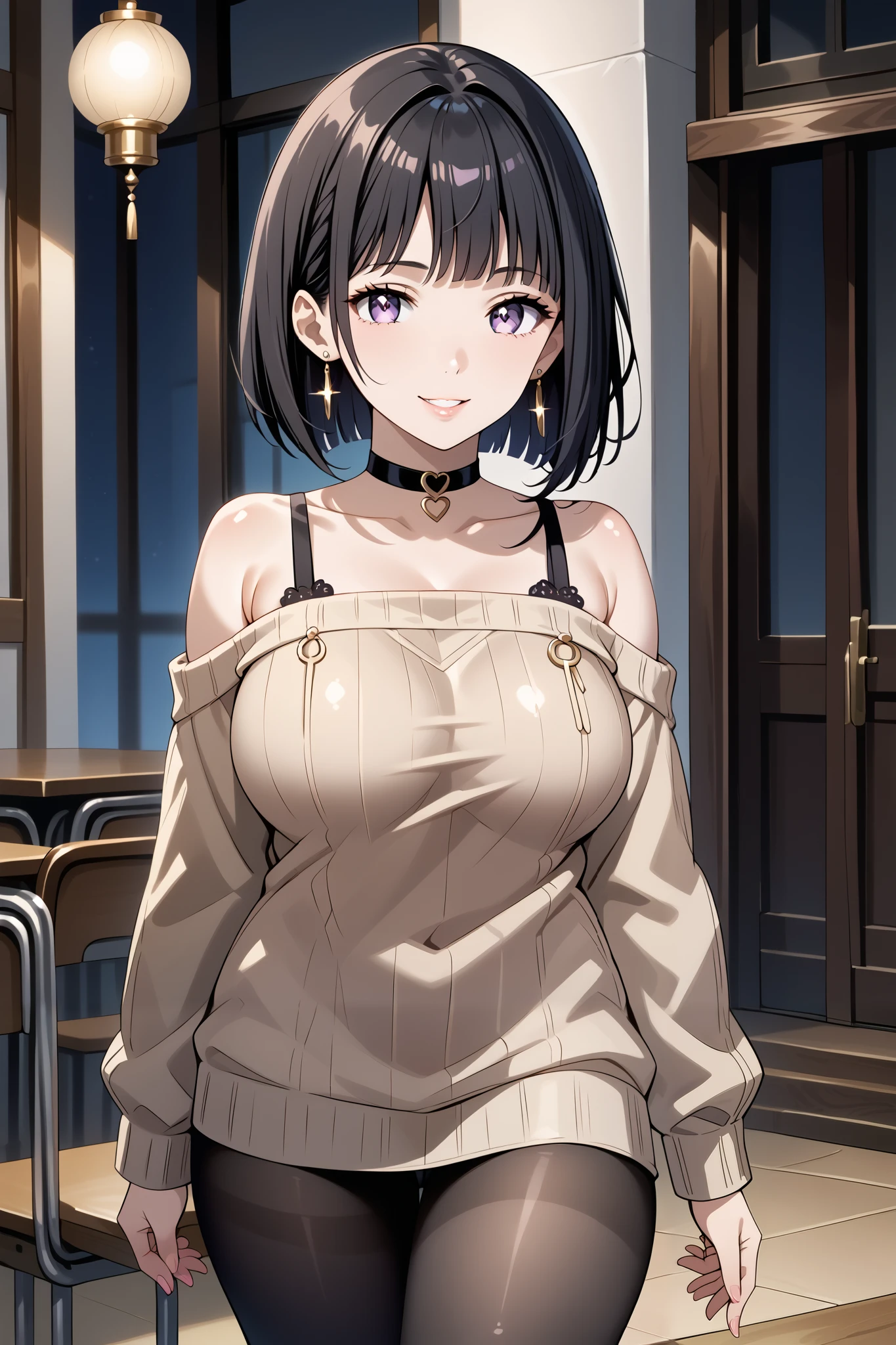 score_9, score_8_up, score_7_up, source_anime, 4K,perfect fingers,(perfect hands, perfect anatomy),prefect lighting, very aesthetic, intricate details,highly detailed background, masterpiece, high quality, best quality,
1girl, hinata_boru, bangs, short hair, black hair, huge breast,dense chest,
wearing ((pantyhose, choker, earrings, jewelry, sweater, collarbone, black_choker, off_shoulder, dress, bare_shoulders, black_pantyhose, )) ,,
gyaru, looking_at_viewer, smile, parted_lips, gradient, sleeves_past_wrists, gradient_background,