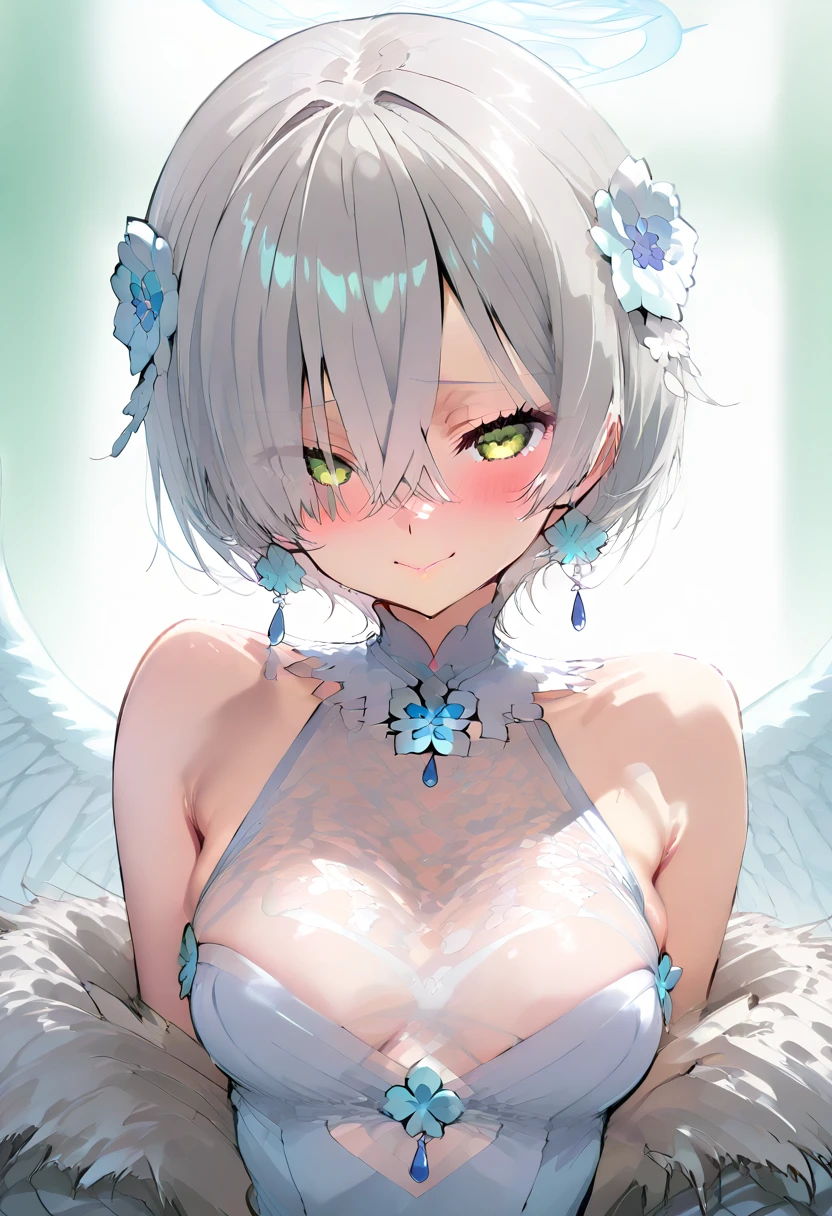 beautiful, masterpiece, Highest quality, anime, One girl, C Cup,Portrait Shot, View your viewers, Intricate details,>,((Covered、Short Hair、nearby、Blue Eyes、art、、White hair,Blue streaked hair、wallpaper、、hairpin、smile、Angel、Thighs、Halo、、Armpit、white_liquid、BODY ON Honey、青white_Race Queen、青white_Gloves、青white_Knee-high boots