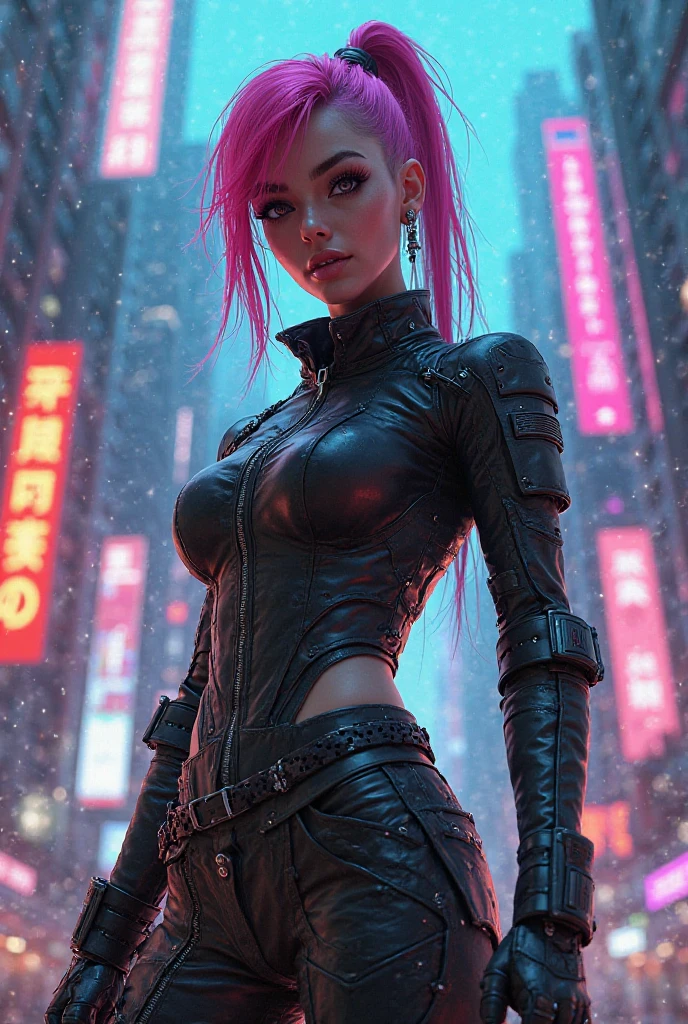 um rosto muito bonito, vestindo roupa cyberpunk rosa, Detalhe Pink Outfit, corpo detalhado (realidade: 1.4), (Um hiper-realista), (high resolution), (8k), (altamente detalhado), ( best illustration), (Olhos detalhados), (ultra-detalhada), clear lighting, professional lighting, The backdrop is Cyberpunk City.