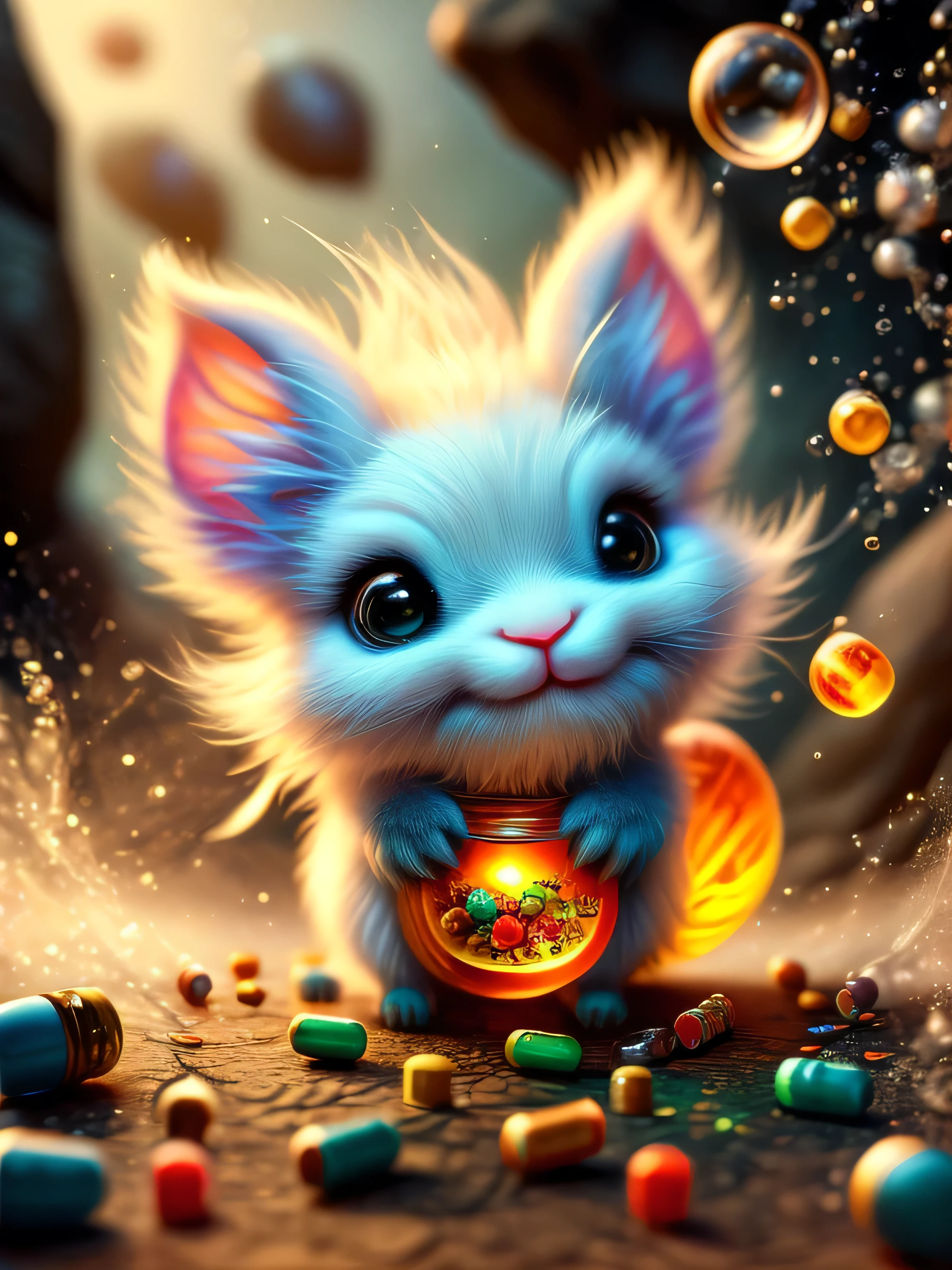 whimsical airbrush and oil painting,best angle of a Very cute mythical graceful transparent anthropomorphic Spirit of Pills critter with an alchemical cauldron hold color pill,with hover in the air with an interest,thin arms,fragile thread legs,Spirit of Pills,Mystical cavern in a professional photograph by Awwchang :: Luis Royo :: WLOP :: Artgerm Lau :: Anne Stokes :: natural deep colors