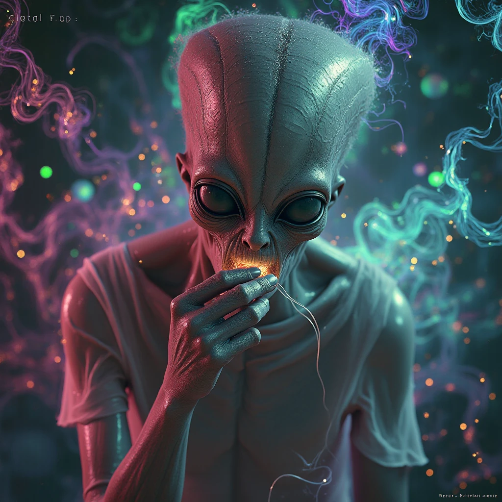 An alien floating in space while smoking a marijuana joint