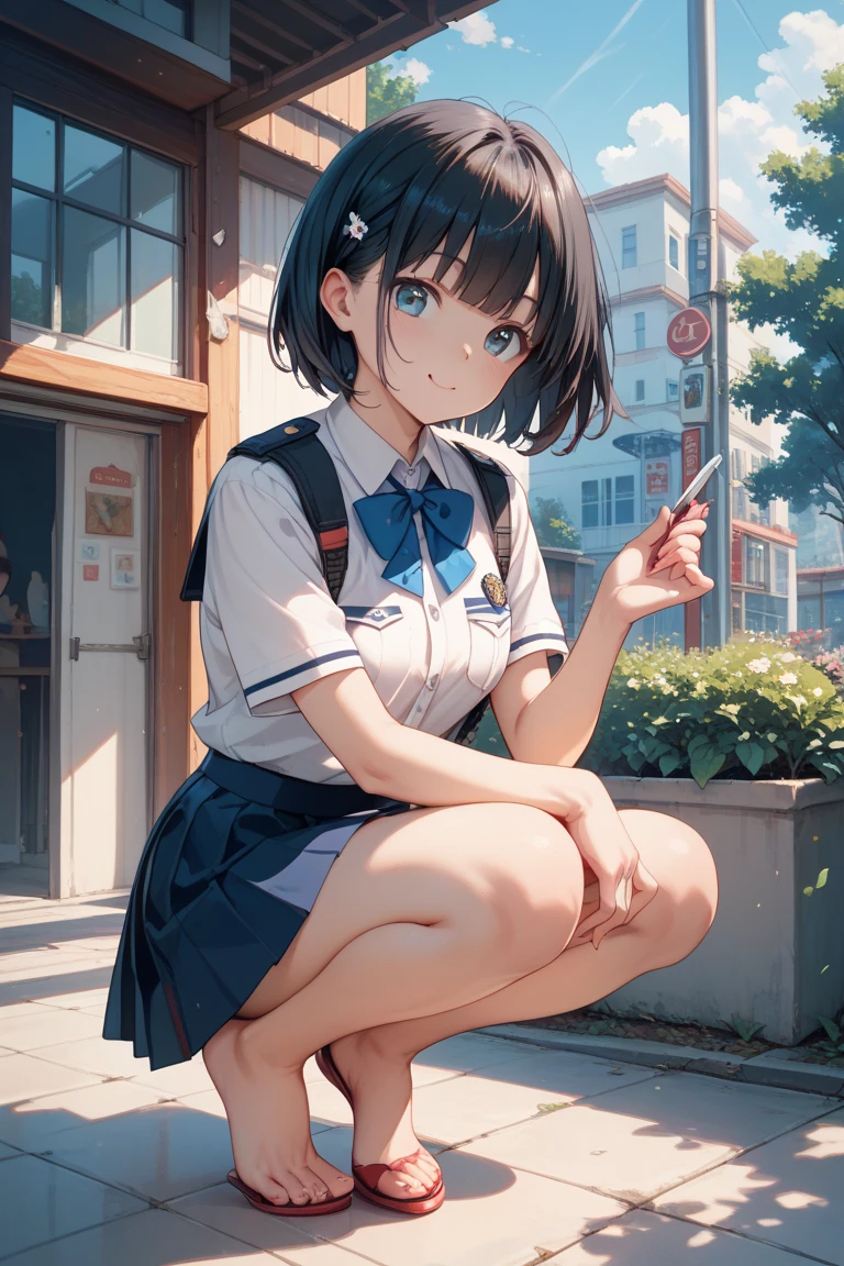 crouching down,(child),(masterpiece,Highest Quality),Light Grape Pleated Mini Skirt,White rucksack,shortsleeves,A dark-haired,Summer Classroom,The wind is blowing,by lake