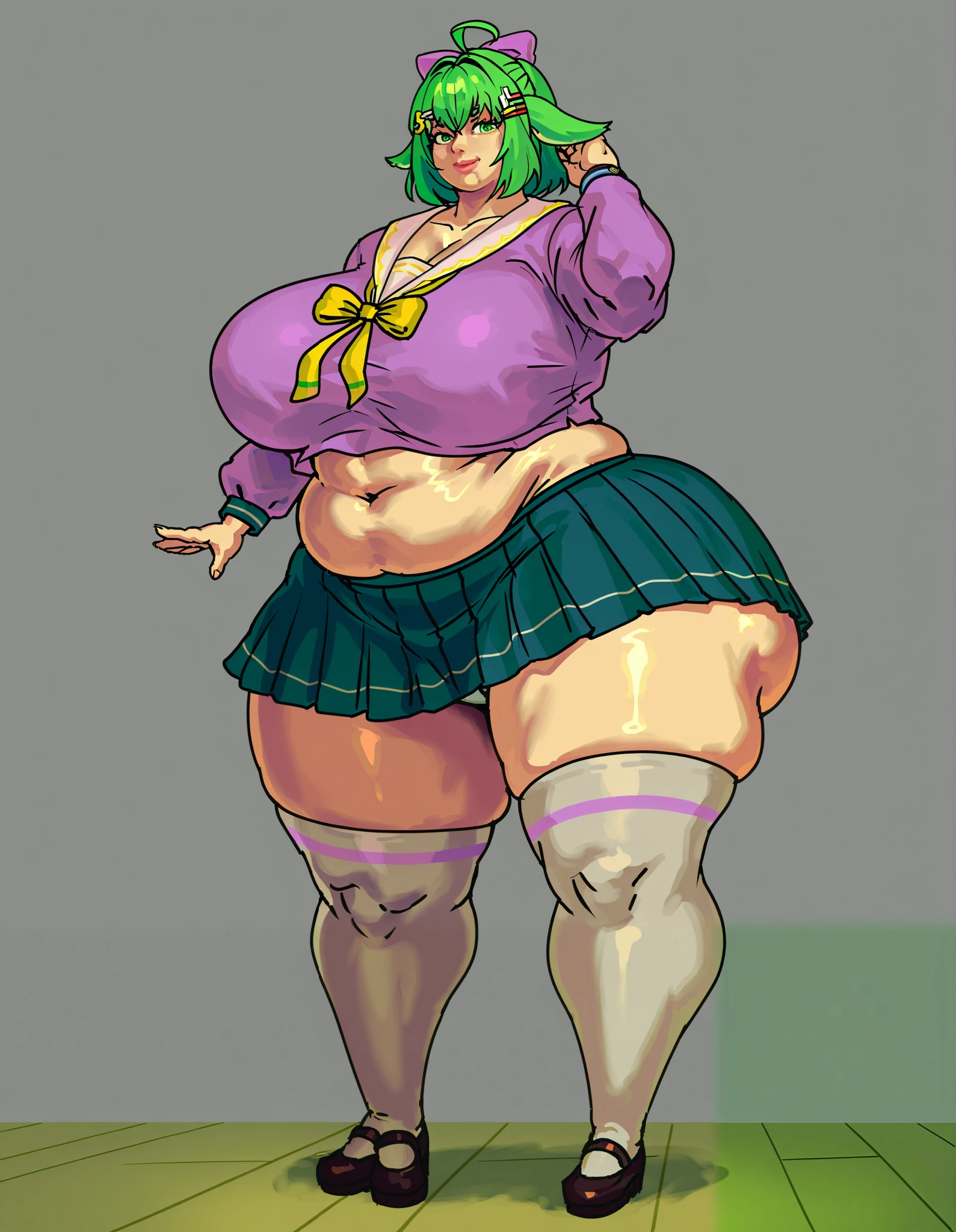 Fraction_9,Fraction_8_direction_7_direction_6_direction_5_direction_4_up,Green short hair,Green Eyes,Tie a bow at the back of your head,Purple and sailor collar,Striped sailor suit,Blue pleated skirt,White socks,leather shoes,Bean eyebrows,Wide hips,Thick thighs,Huge breasts,Huge ass,There is a bow at the back of the hair,Hair between the eyes,Sexy,Cute girl,Green Hair,Everlasting,Positive appearance,Break,Long barrel socks,fat