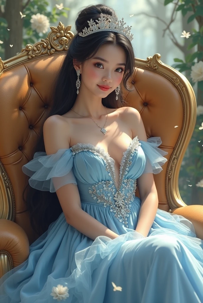 Ultra-thin fabric、There is a woman sitting on the floor in a blue dress, (Nipple ring、no-bra)、Icy Blue Dress, pale-blue, Sitting in a gorgeous chair、rei hino as a princess, 奈良美智, light blue dress portrait, sakimichan, aya takano color style, translucent dress, Ayami Kojima Amano, loli in dress, blue gray, Ethereal!!!!!!!、 (Photorealsitic:1.4)、(masuter piece:1.3)、 (intricate-detail:1.2), (crisp photos)、Raw photo, (top-quality, masterpiece:1.2),(intricate detailes:1.4),(octane renderings, Complex 3D rendering ultra detail, Studio Soft Light, Rim Lights, vibrant detail, Super Detail, realistic skin textures, Detail Face, Beautiful detail eyes, Very detailed CG Unity 16k wallpaper, make - up, (detailedbackground:1.2), shinny skin、
