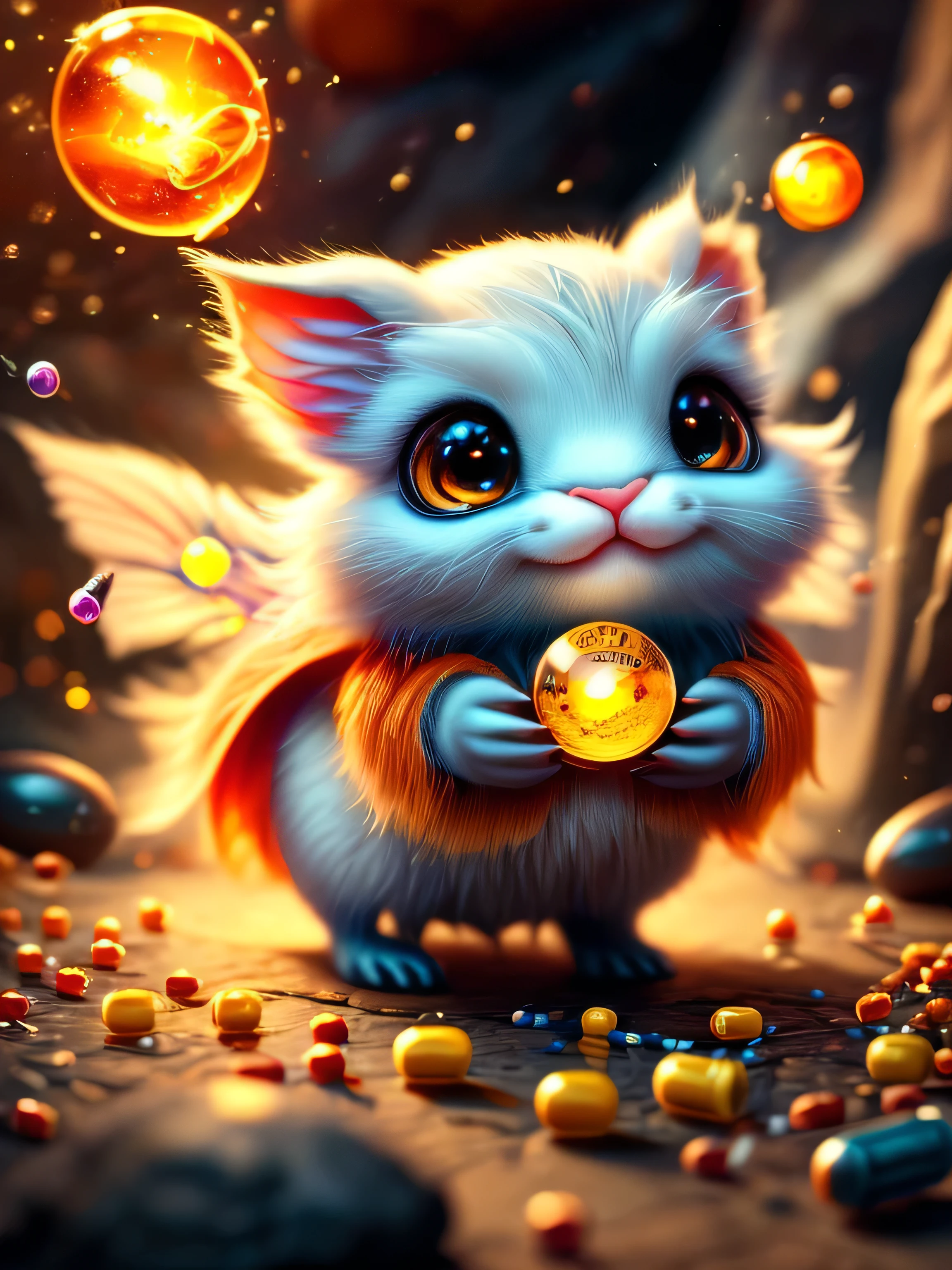 whimsical airbrush and oil painting,best angle of a Very cute mythical graceful transparent anthropomorphic Spirit of Pills critter with an alchemical cauldron hold color pill,with hover in the air with an interest,thin arms,fragile thread legs,Spirit of Pills,Mystical cavern in a professional photograph by Awwchang :: Luis Royo :: WLOP :: Artgerm Lau :: Anne Stokes :: natural deep colors