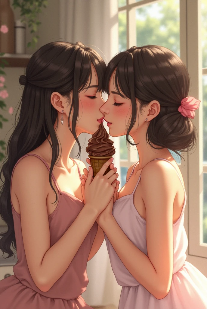 There was a woman and a woman in a room kissing each other, Kiss, Kissing, kissing together cutely, Romance, kiss mouth to mouth, delicacy, kisses, making out, wonderful scene, couple kissing, lovely kiss, Holy, shot from cinematic, kissing together, Kissing each other, marton gyula kiss ( kimagu ), absolutely, Very attractive,Share sticky milk with a kiss,Black hair,White liquid comes out of the mouth