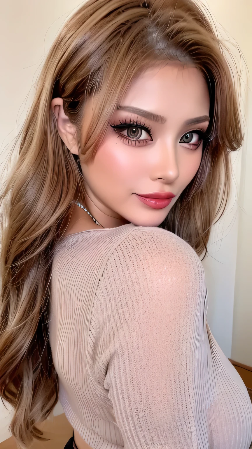 ((最 high quality ,masterpiece, high quality )) 16k、gravure ,Xiaoyang, 最 high quality , shape, Extremely detailed BeautifulBig Breasts, high image quality, 8k ,wallpaper, perfect dynamic structural shape, duck mouthにセクシーな唇 、shine glitter lip gloss、Metallic lips、METALLIC LIQUID LIP COLOR,metallic lips, big lips,x ornament , ornament , duck face, duck mouth、Focus on thick lips, Pink Metallic Lips Gloss、duck mouthにセクシーな唇、 curly hair long 、 big eyes and high gaze , Long Lashes :1.35, natural colored lips without getting wet, Sexy gal makeup、 there are many women who have adult-like sex 、Loose, fluffy, Erotic sweater, Bold Sexy Poses , 25 year old woman with Big Breasts , beautiful , attractive to the camera , super realistic raw photos, Supermodel's Body in 1 Picture , beautifulBig Breastsでナイスバディ、Sexy gal makeup、( heavy makeup for women :1.2)、( dark brown beige eyes :1.1)、 beautiful bright eyeshadow 、 dark makeup 、( Big Breasts :1.2)、 (Romantic affection:1.1)、 can you take a look at this It shows me the best smile 、( that emphasizes body lines ....:1.1)、( strongly blurry 、 Showing off her perfect body :1.1)、( strongly blurry background:1.1)、 Accurate Anatomy、 ultra HD hair、( Super High Image Quality Perfect Beautiful Teeth:1.1)、 Ultra HD beautiful face 、 ultra HD hair、 crystal clear bang 、Ultra HD Shining Eyes、Shining Super High Image Quality Beautiful Skin、 Super High Image Quality Glossy Lips、 harry winston necklace