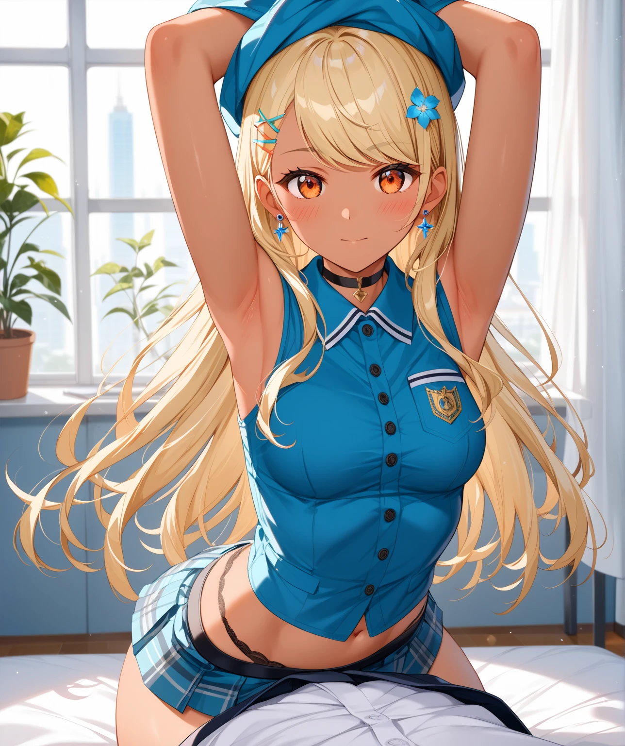 1girl, (marie rose), (masterpiece, best quality:1.2), 1girl, solo, slut, white shirt, sleeveless, pleated skirt, microskirt, navel, detailed background, (alley:1.2), squatting, spread legs, back the wall, infront of the viewer, golden bracelet, wrist ring, (o-ring), (highheels), panties, hair clip, nodded head, underboob, naughty smile, looking at viewer, blush, blonde hair, sagging breast, large breast, (puffy nipple:0.8), big belly, chubby, plump, jkmicroskirt