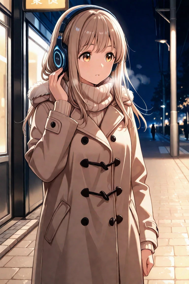 The night is cold and there is an atmosphere of mystery. Laura, a young woman with light brown hair and medium length, She walks alone along the sidewalk, Wearing a coat. She listens to calm music on her headphones, but after a long day at work.