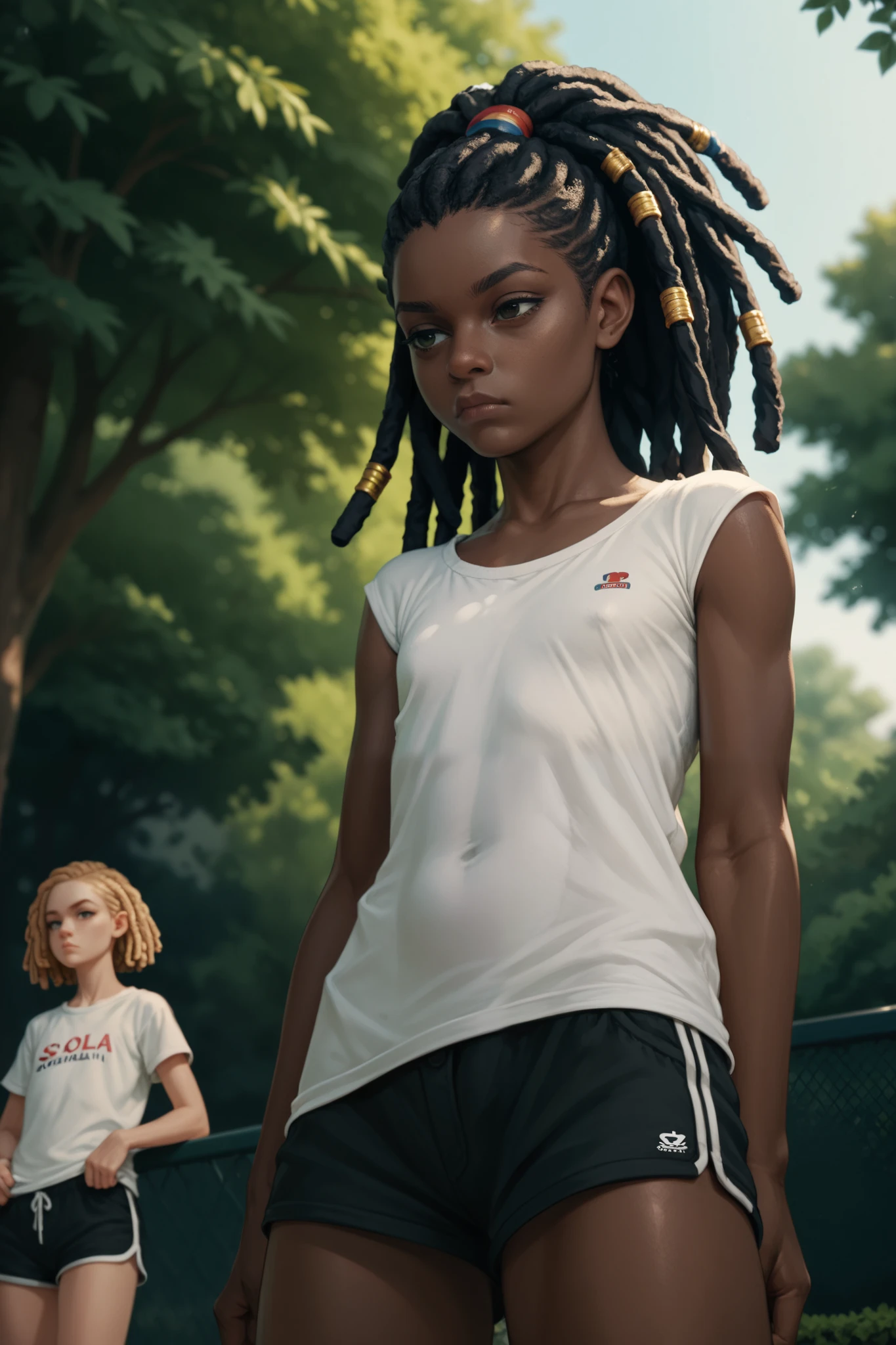 Girl, sola, black skin, flat chest, loose white shirt, white mini short, bored, pose standing, dreadlocks, black hair, park background, from below in front 