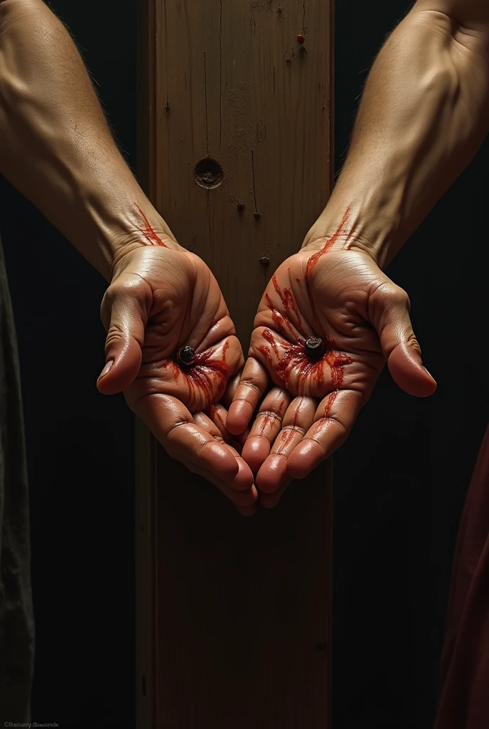 Imagine two male hands with nail signs in Jesus' hands with blood and a resplendent light