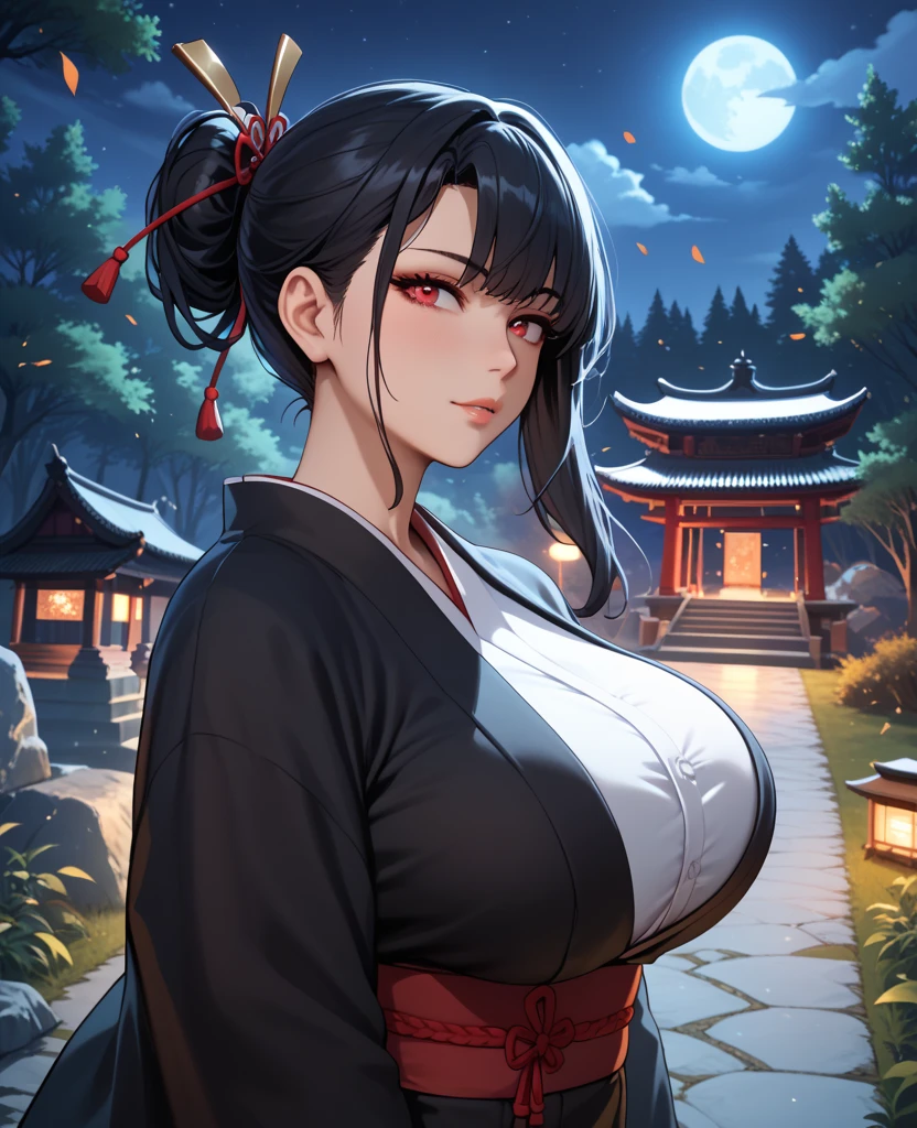 A woman wearing a black shirt with white kanji writing on the shirt, black skirt, yellow eye, transparent black tights, ponytail hair, black hair, long hair, white bow in her hair, serious face, big breasts, walking outside a Japanese house traditional, with trees, and river. place of day,.HDR, ultra resolution, well defined, masterpiece, 8K HD. (solo woman), realistic, close view.