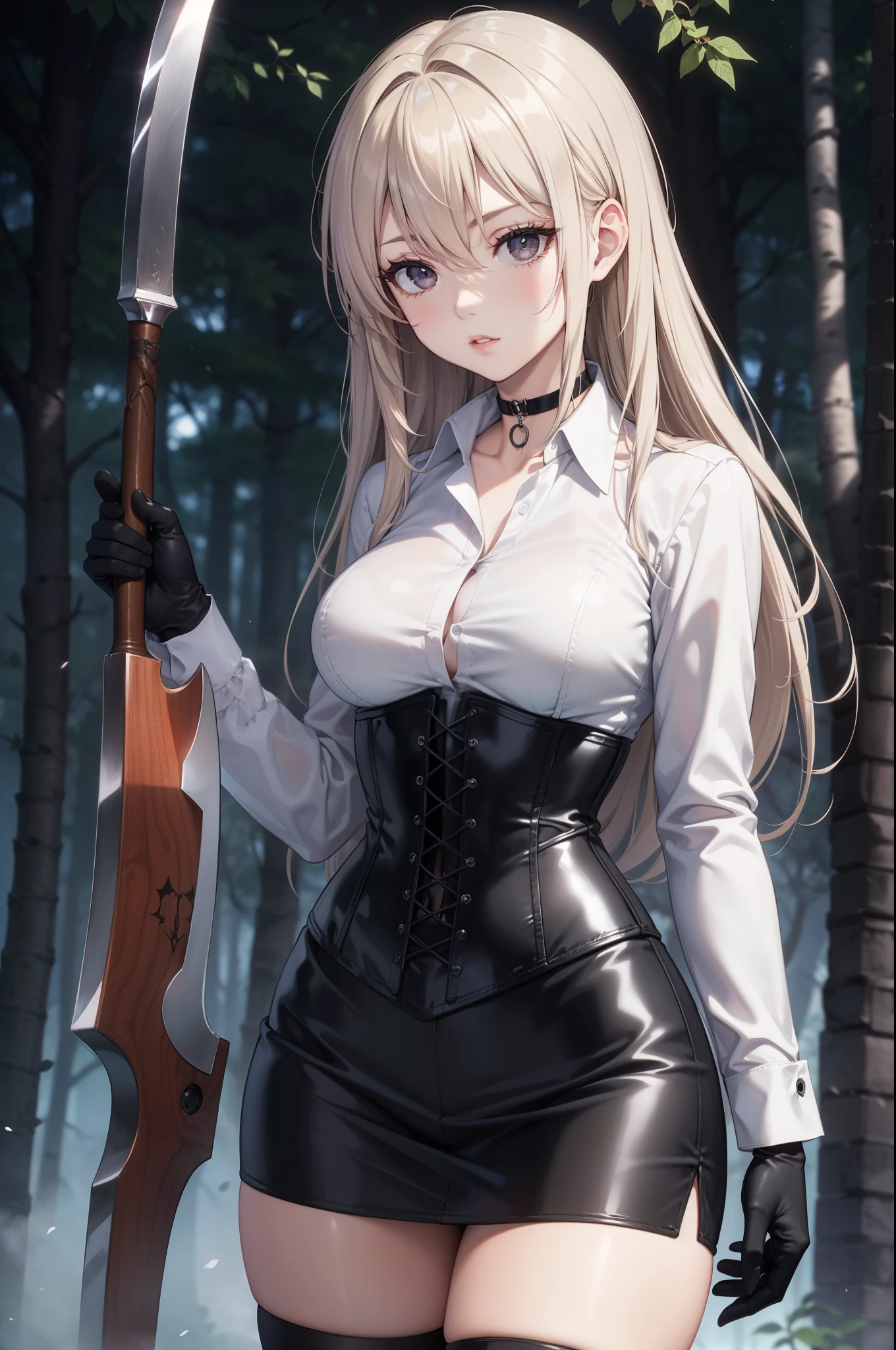masterpiece, beautiful art, professional artist, 8K, sciamano240, very detailed face, detailed clothing, Detailed fabric, ung girl, perfectly drawn body , Fighting pose, beautiful face, (long hair), black eyes, very detailed eyes, rosy cheeks, serious expression, detailed lips, choker:1.6, (long sleeve buttoned white collar shirt), black gloves, gloves that cover my hands , (holding an axe in his right hand), (black leather corset), (black miniskirt), sensual lips , late de invierno, show details in the eyes , seen from the front, looking at the spectator, Dark path, dark forest, late, atmosphere , fog