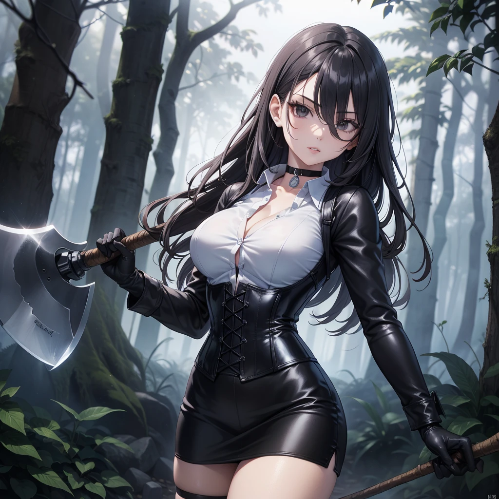 ((blood droplets)), ((blood)), ((blood splatter)), ((blood on clothes)), ((blood stain)), Masterpiece, Beautiful art, professional artist, 8k, Very detailed face, Detailed clothing, detailed fabric, 1 girl, front view, standing, BIG BREASTS, perfectly drawn body, shy expression, pale skin, beautiful face, long black hair, 4k eyes, very detailed eyes, pink cheeks, choker:1.6, (white long sleeve button down shirt with white collar), black gloves, gloves that cover hands, (holds an ax with his right hand), (black leather corset), (shiny black leggings), Sensual Lips, show details in the eyes, looking at the viewer, dark forest, Atmosphere, fog, At night