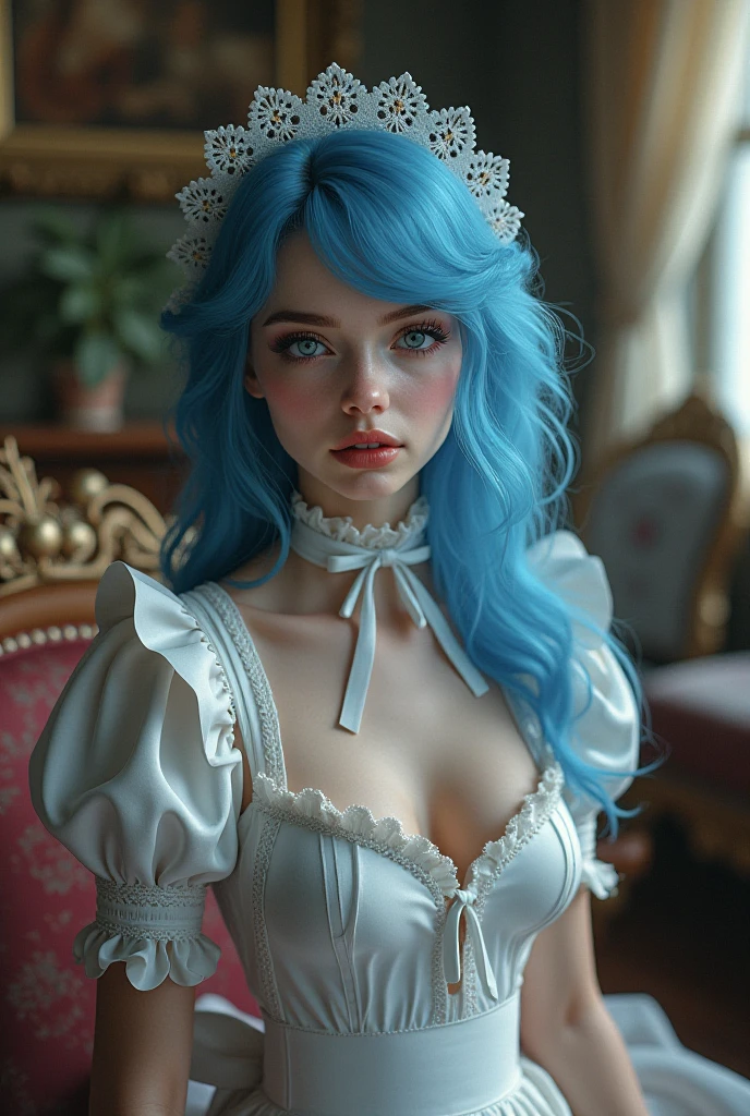 emily, corpse bride at 18 years old nude at the castle, pubic hair, blue hair, bridal diadem