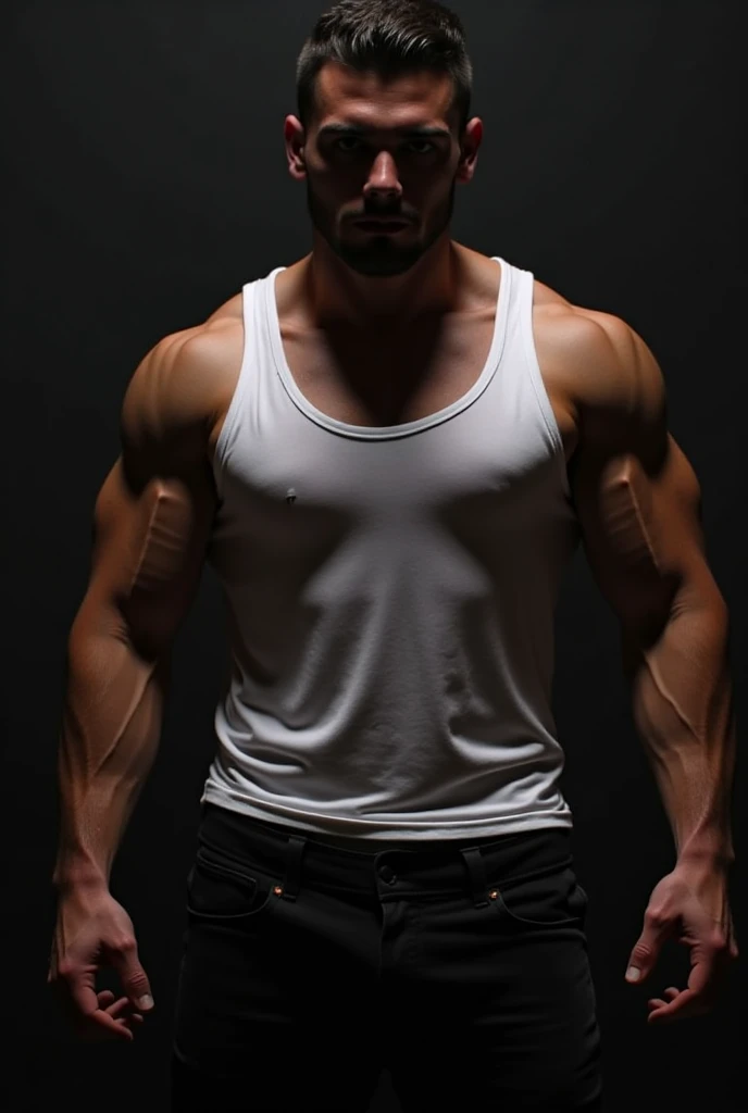 A young adult guy with toned body and big cock, wearing a grey tank top.