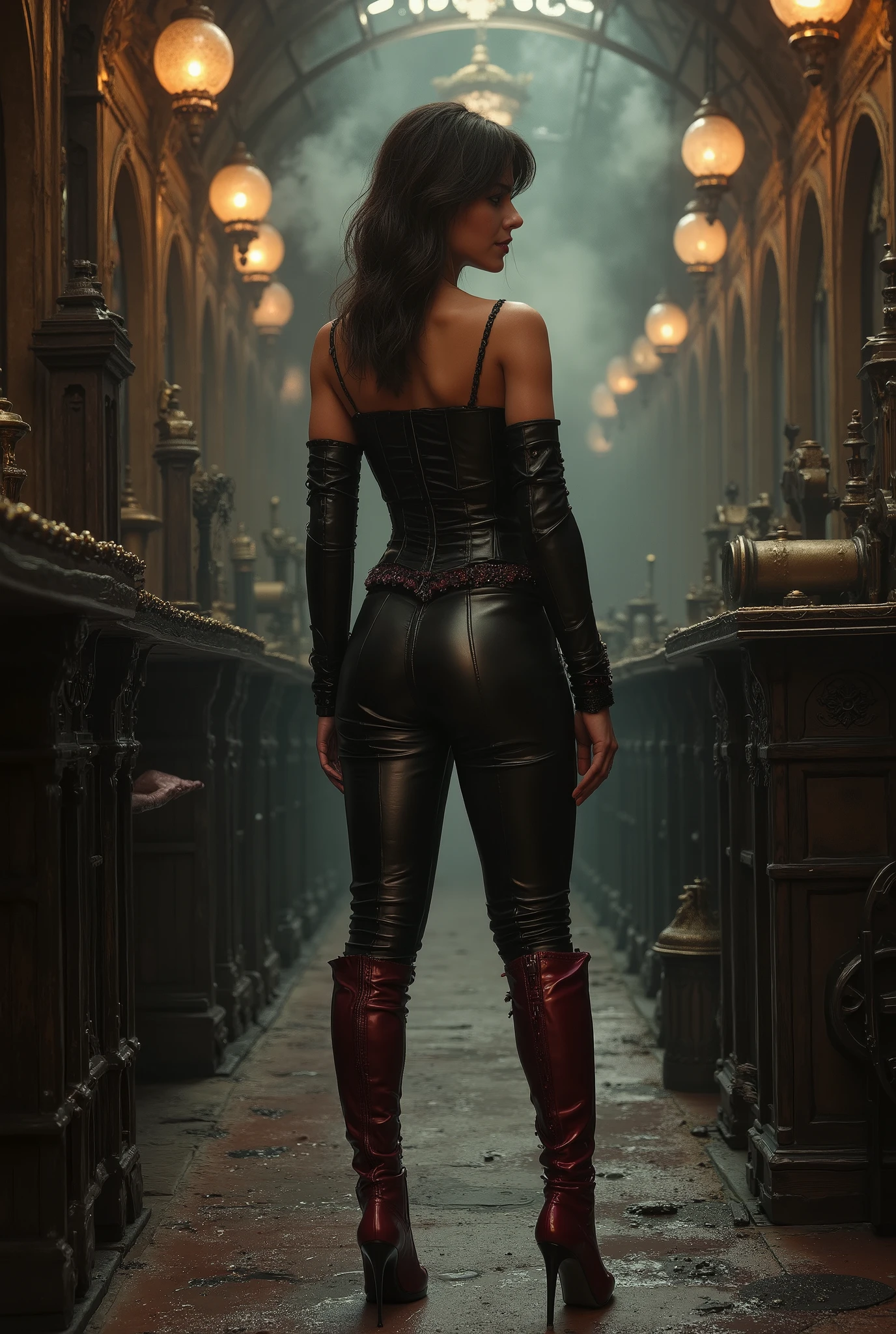 A 3D render of a hauntingly realistic portrayal best quality, highres, 4k, 8k, amazing quality, Photo full portrait of photo real. steampunk woman black leather corset and black leather pants. dark red thigh high boots with 6 inch heels. steampunk train station . “full body portrait