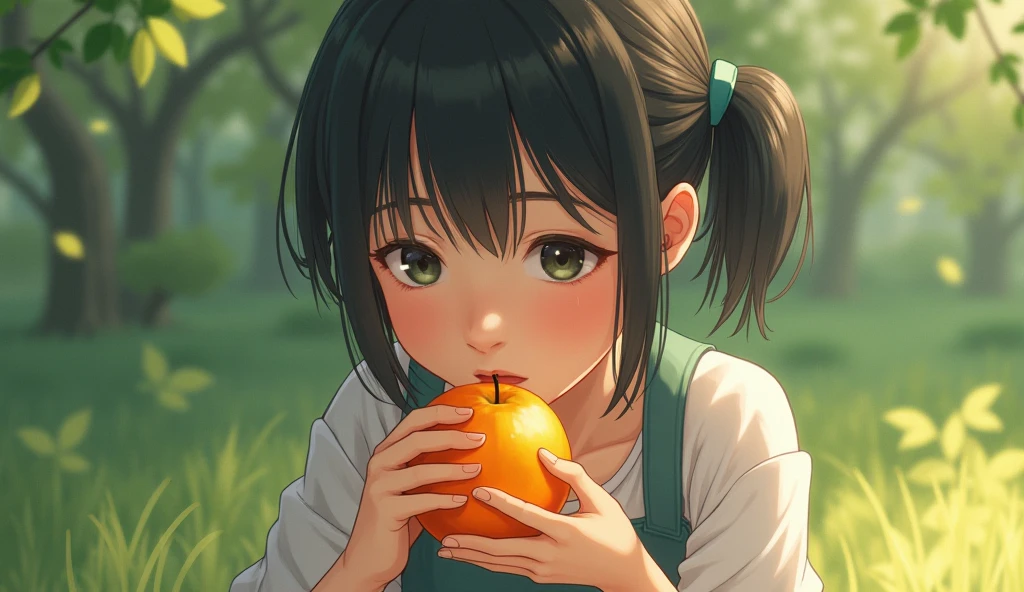 Generates a Disney Pixar type image of a white girl with long black hair eating her lunch box at school in uniform 