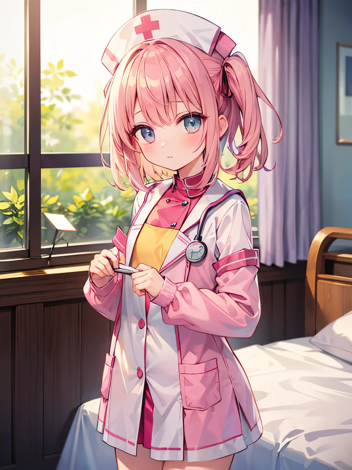 (8k, best quality, master piece: 1.2),super high resolution,1 girl, solo, all fours, hands on ground ,ultra-detailed face, nurse、Random hair color、one's home、(bed)、Midnight、Out of the window、Starry Sky, Collarbone, Ecstatic expression, open your mouse, pussy juice