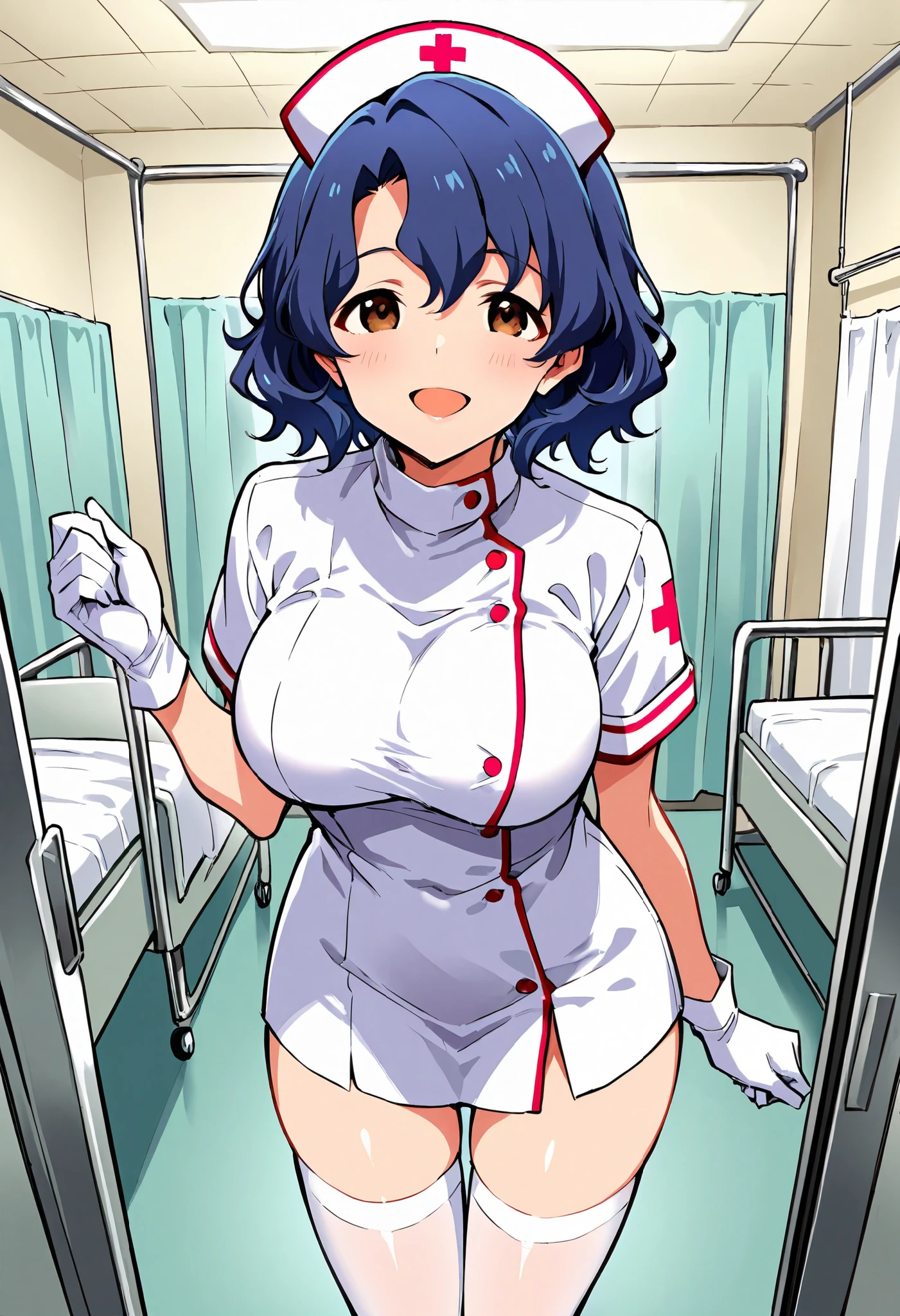 Score_9, score_8_up, score_7_up, source_anime, ftk, solo, short hair, wavy hair, hair between eyes, blue hair, brown eyes, large breasts, (best quality), (high quality), {masterpiece}, extremely delicate and beautiful, ultra-detailed, beautiful detailed eyes, nurse, nurse hat, ((white nurse's outfit)), white gloves, white thighhighs, hospital room, smile, open mouth, standing