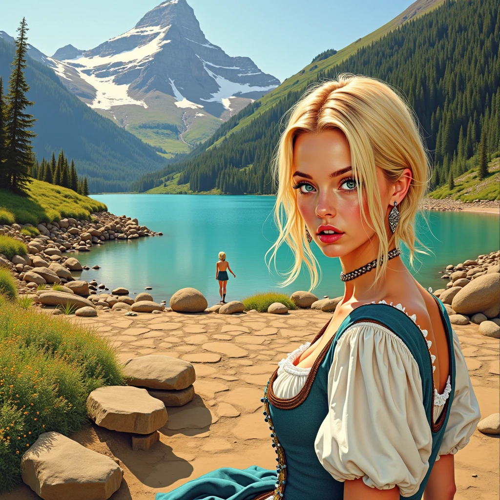 Cowgirl, small breasts, cleavage, low rise denim shorts, ((front tied white shirt)), blonde hair, ranch setting, mountains, smile